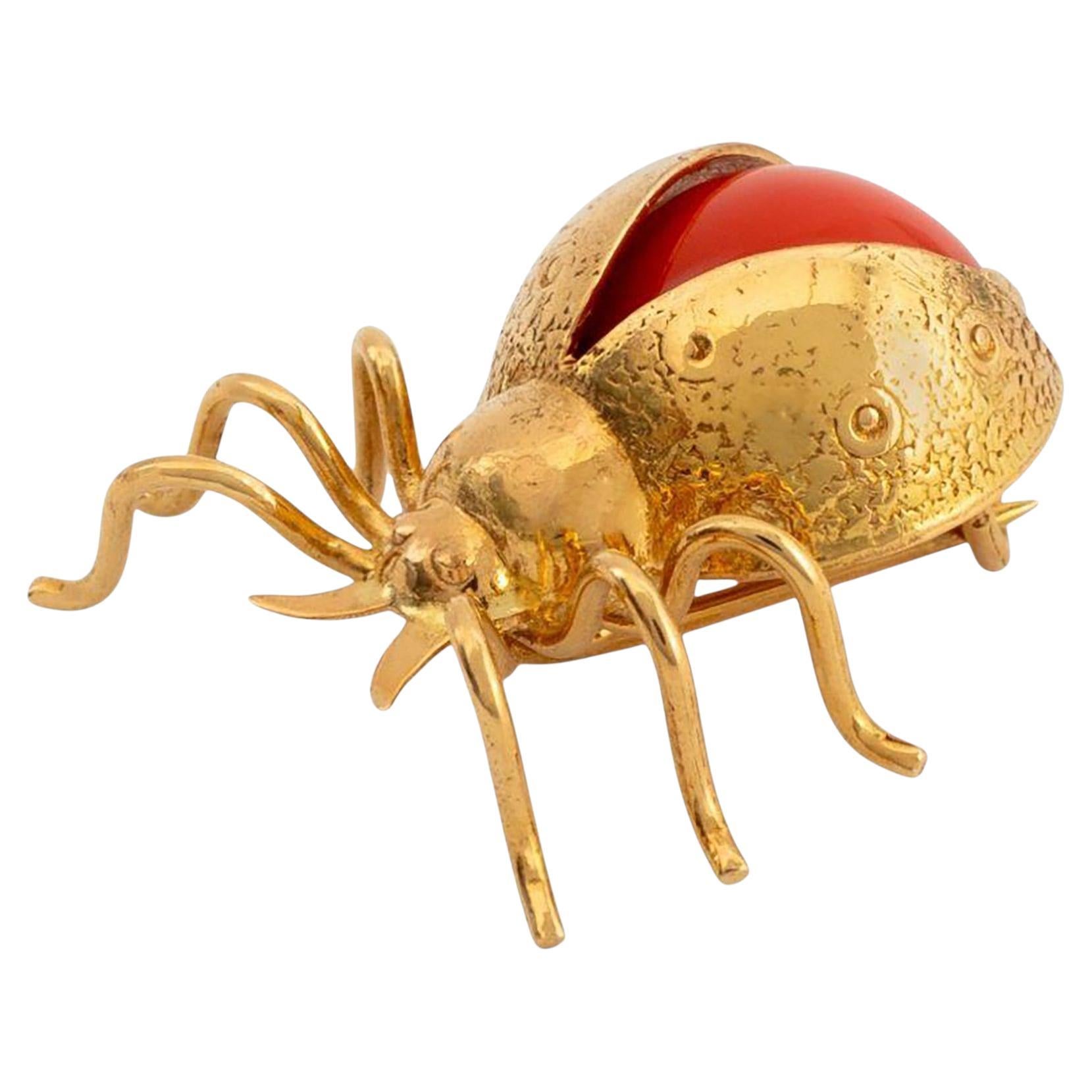 Broche coccinelle en or jaune 18 carats Vintage en pierres dures rouges
