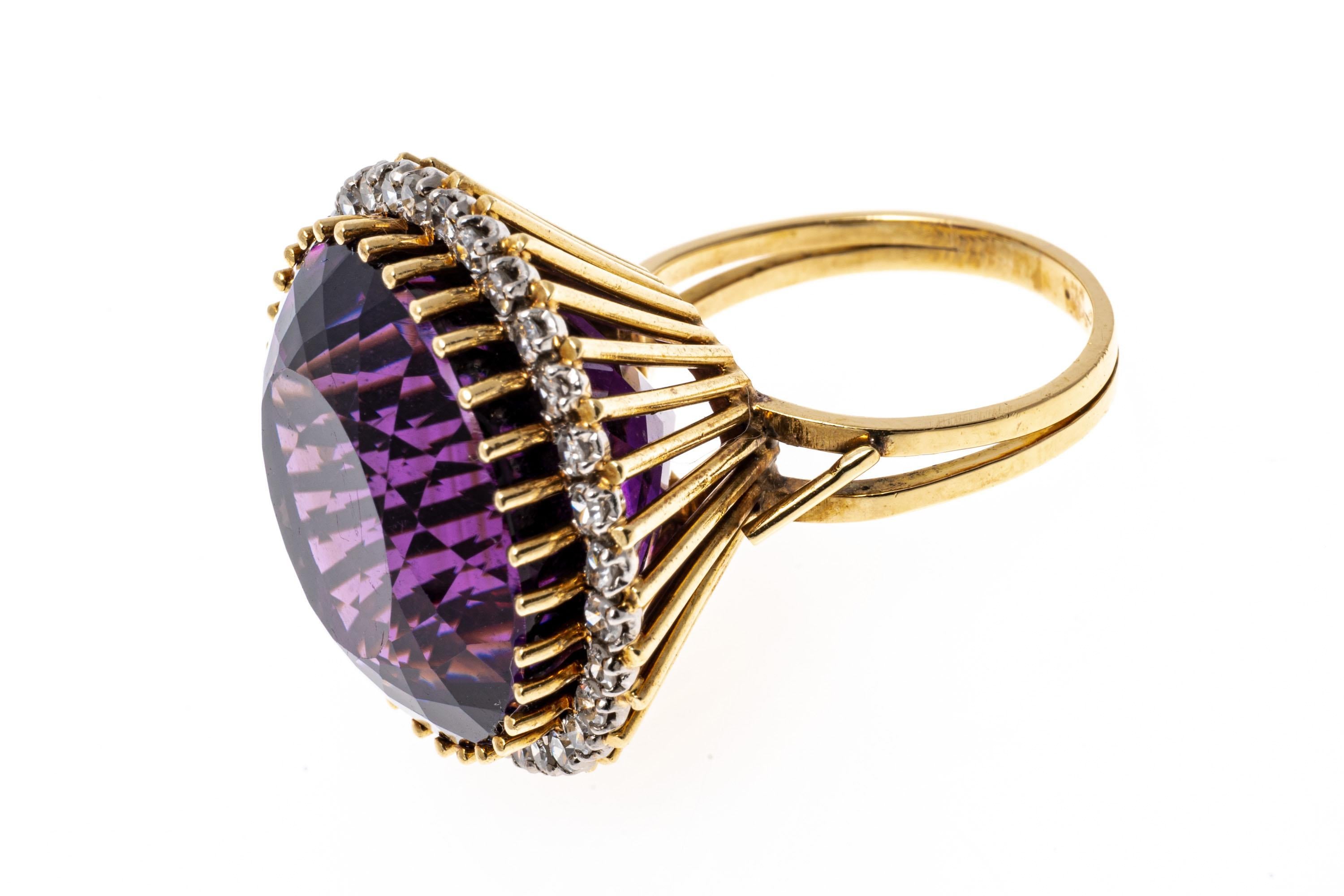 18k Yellow Gold Vintage Round Dark Purple Amethyst and Diamond Halo Ring For Sale 2