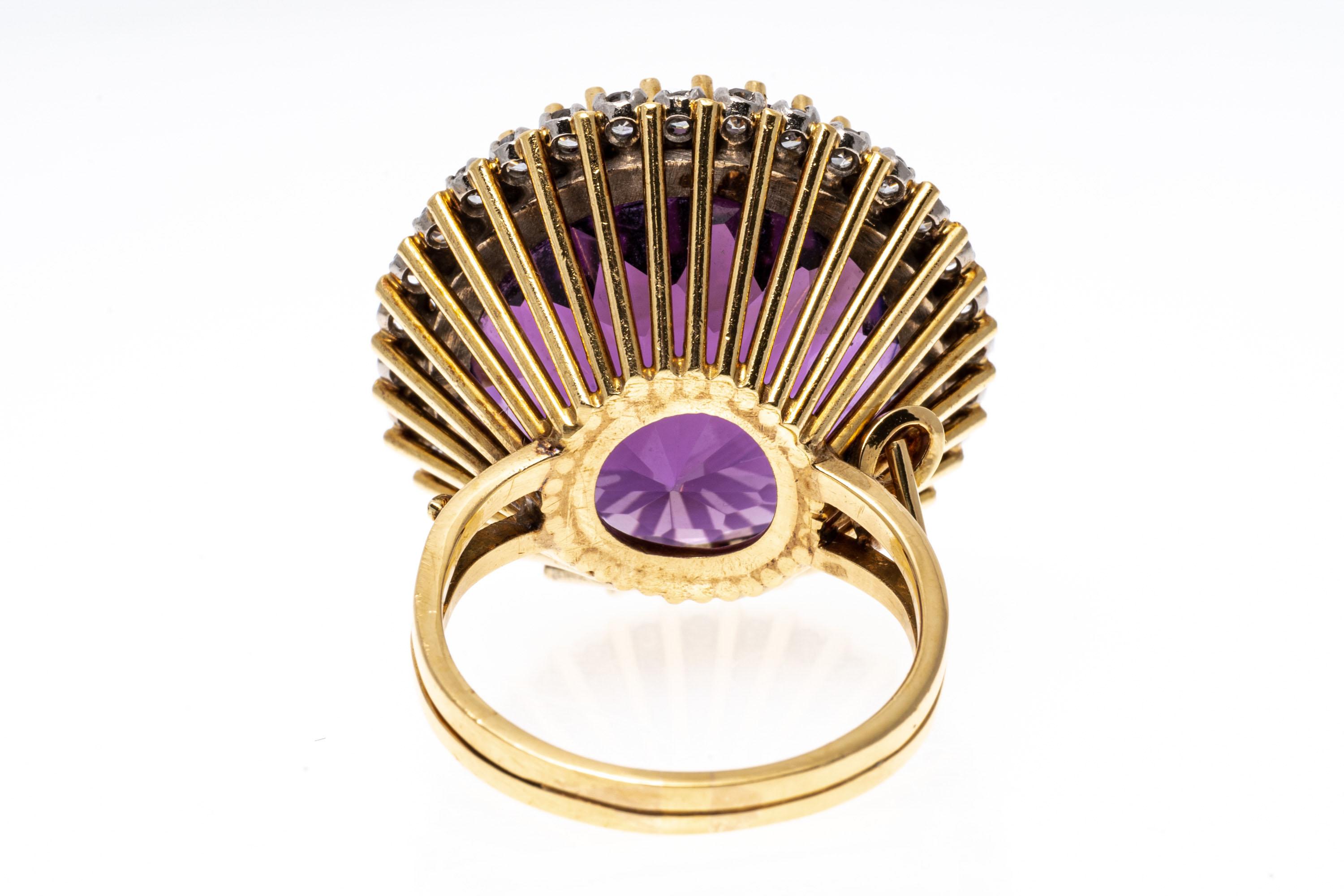 18k Yellow Gold Vintage Round Dark Purple Amethyst and Diamond Halo Ring For Sale 3
