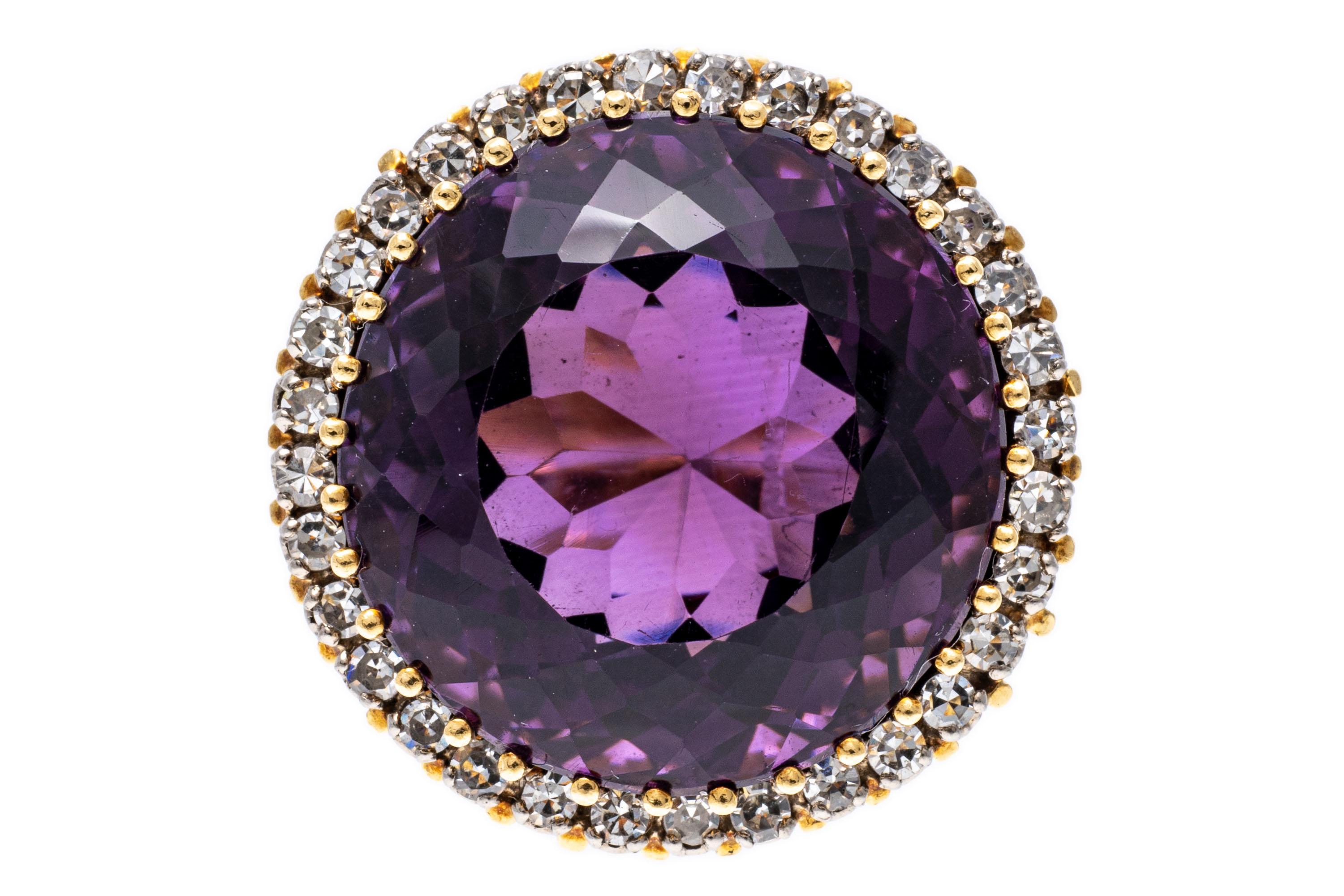 18k Yellow Gold Vintage Round Dark Purple Amethyst and Diamond Halo Ring For Sale 4