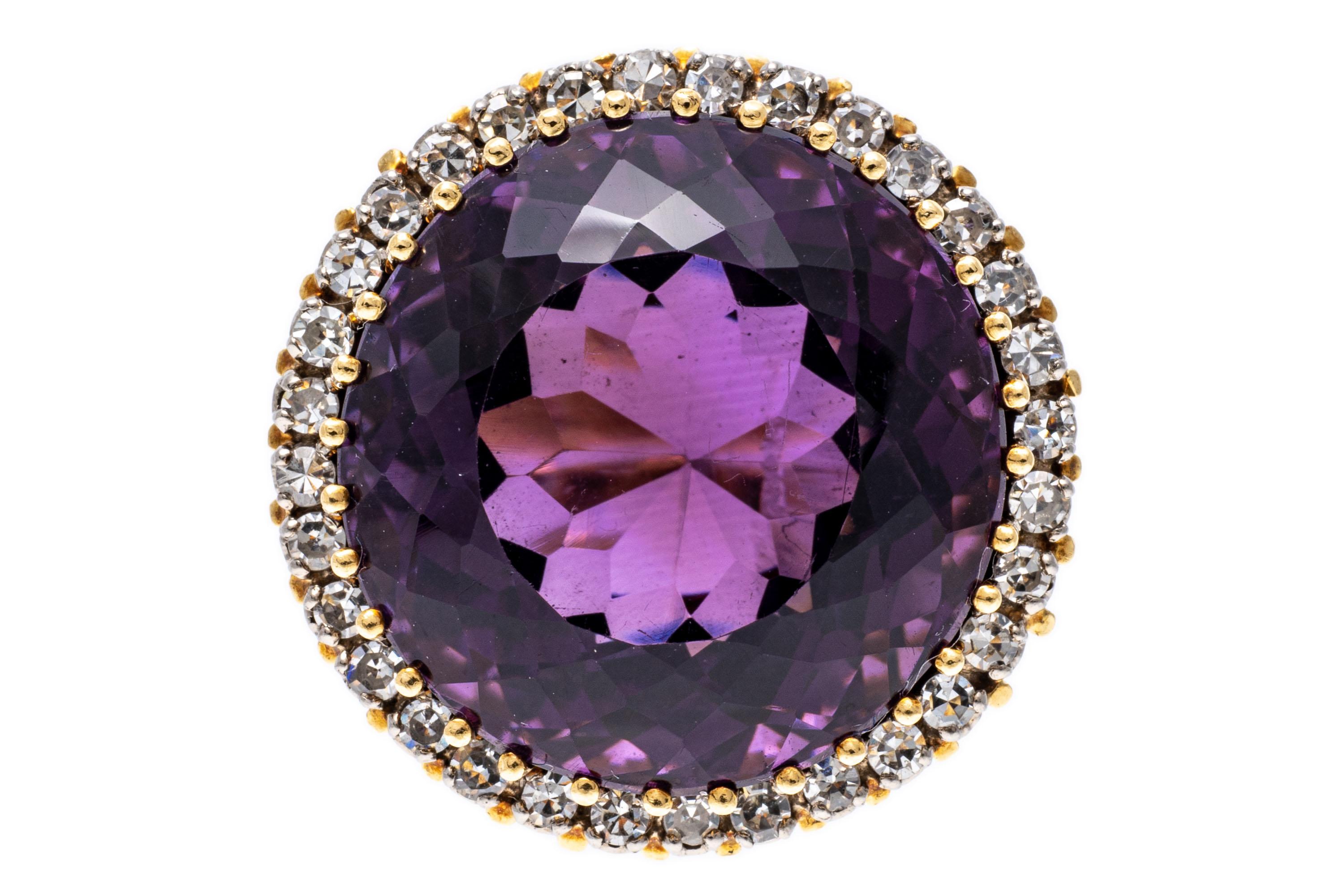 Bague vintage en or jaune 18 carats avec améthyste ronde violet foncé et halo de diamants en vente 6