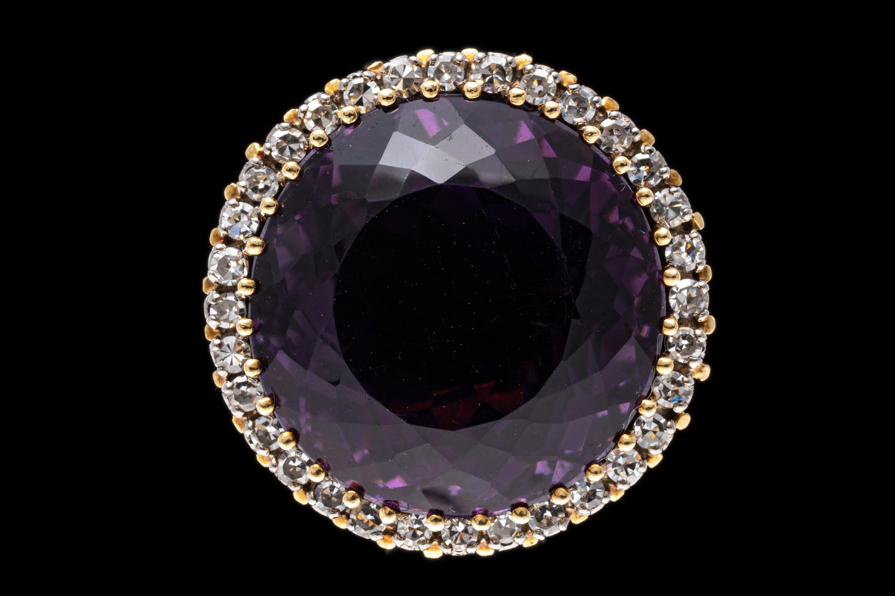 Retro 18k Yellow Gold Vintage Round Dark Purple Amethyst and Diamond Halo Ring For Sale