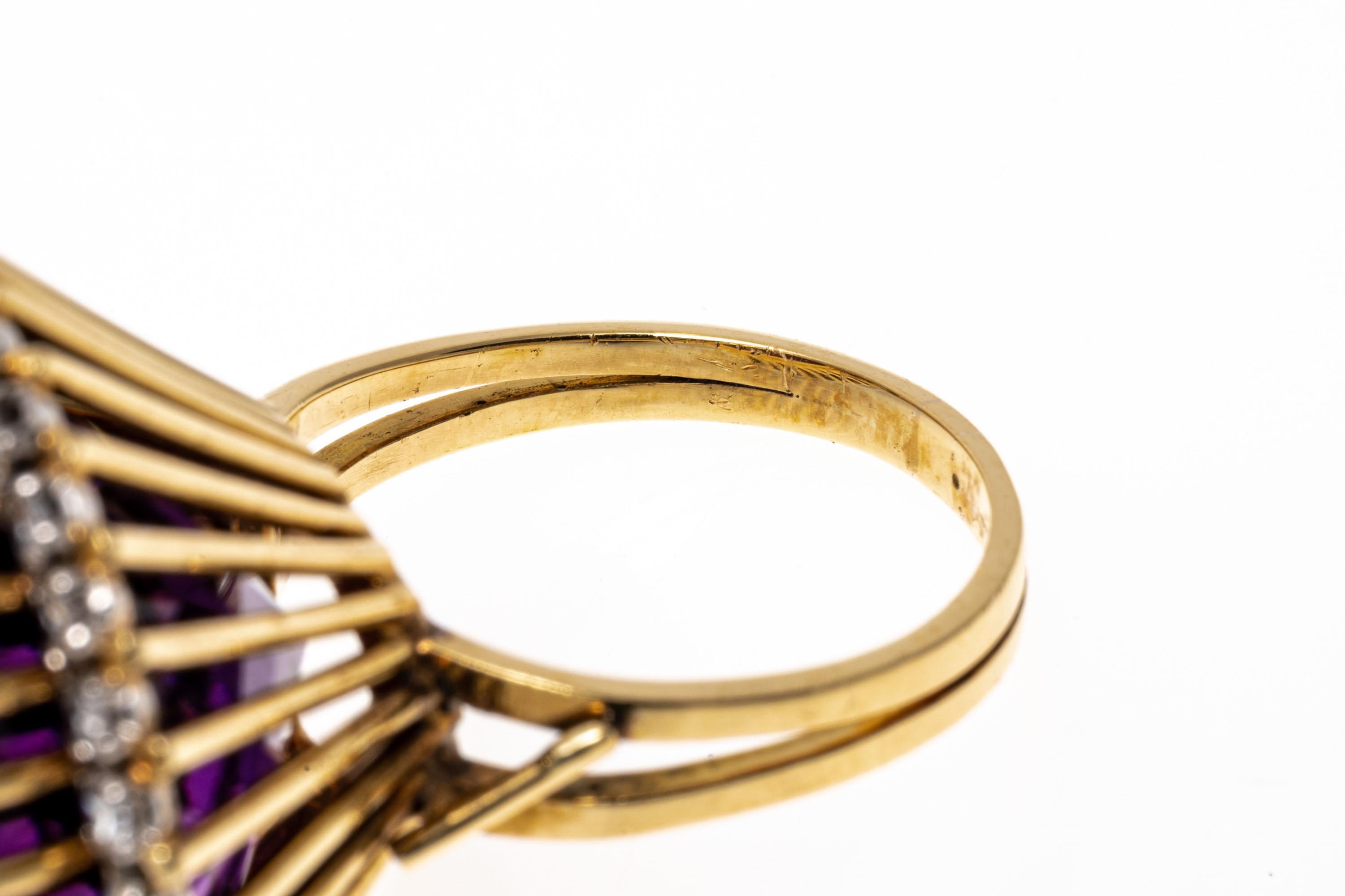 Women's 18k Yellow Gold Vintage Round Dark Purple Amethyst and Diamond Halo Ring For Sale