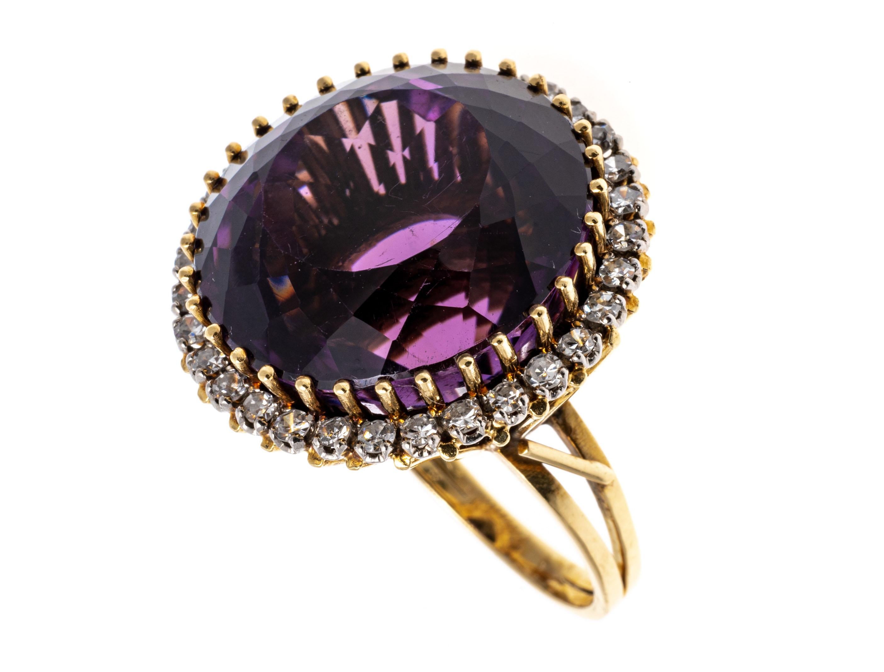 18k Yellow Gold Vintage Round Dark Purple Amethyst and Diamond Halo Ring For Sale 1