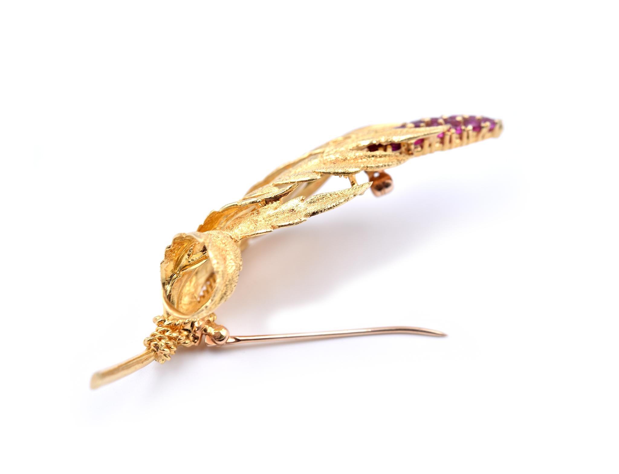 Women's 18 Karat Yellow Gold Vintage Ruby Leaf Pin