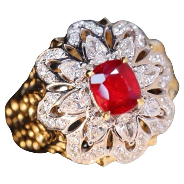 Ruby Design Merced Elite Unheated Pigeon Blood Ruby 18K Yellow Gold Diamond Ring For Sale ...