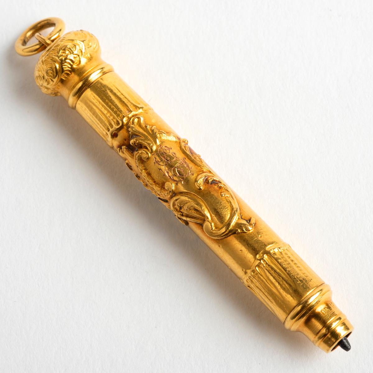 Our antique 18k yellow gold telescopic pencil would, in period, (circa 1910s/ 1920s) likely be fitted by its hoop to an Albert Chain, and in period be used by gentry for keeping and monitoring sporting scores, such as equestrian pursuits, golf or