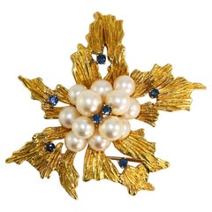 18K Yellow Gold Vintage Tiffany & Co. Pearl & Sapphire Brooch