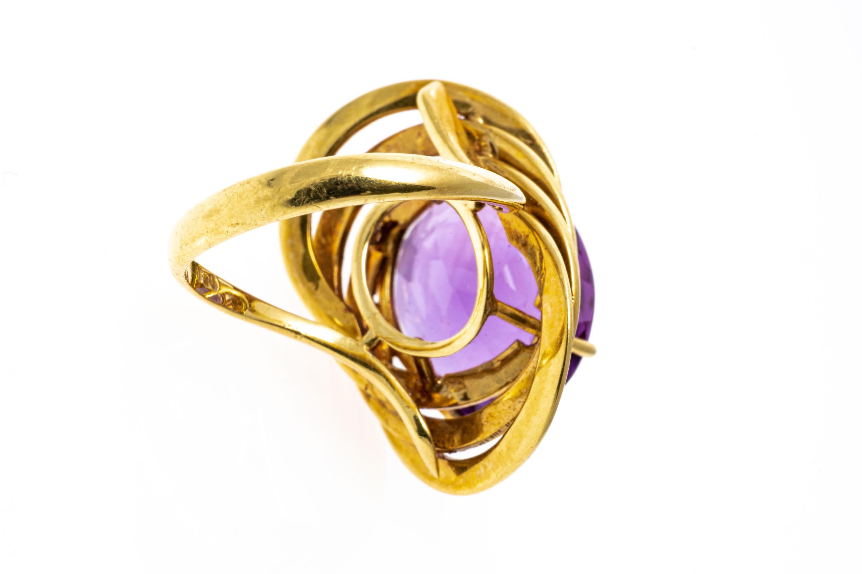 Oval Cut 18k Yellow Gold Vintage Triple Ringed Framed Amethyst Ring For Sale