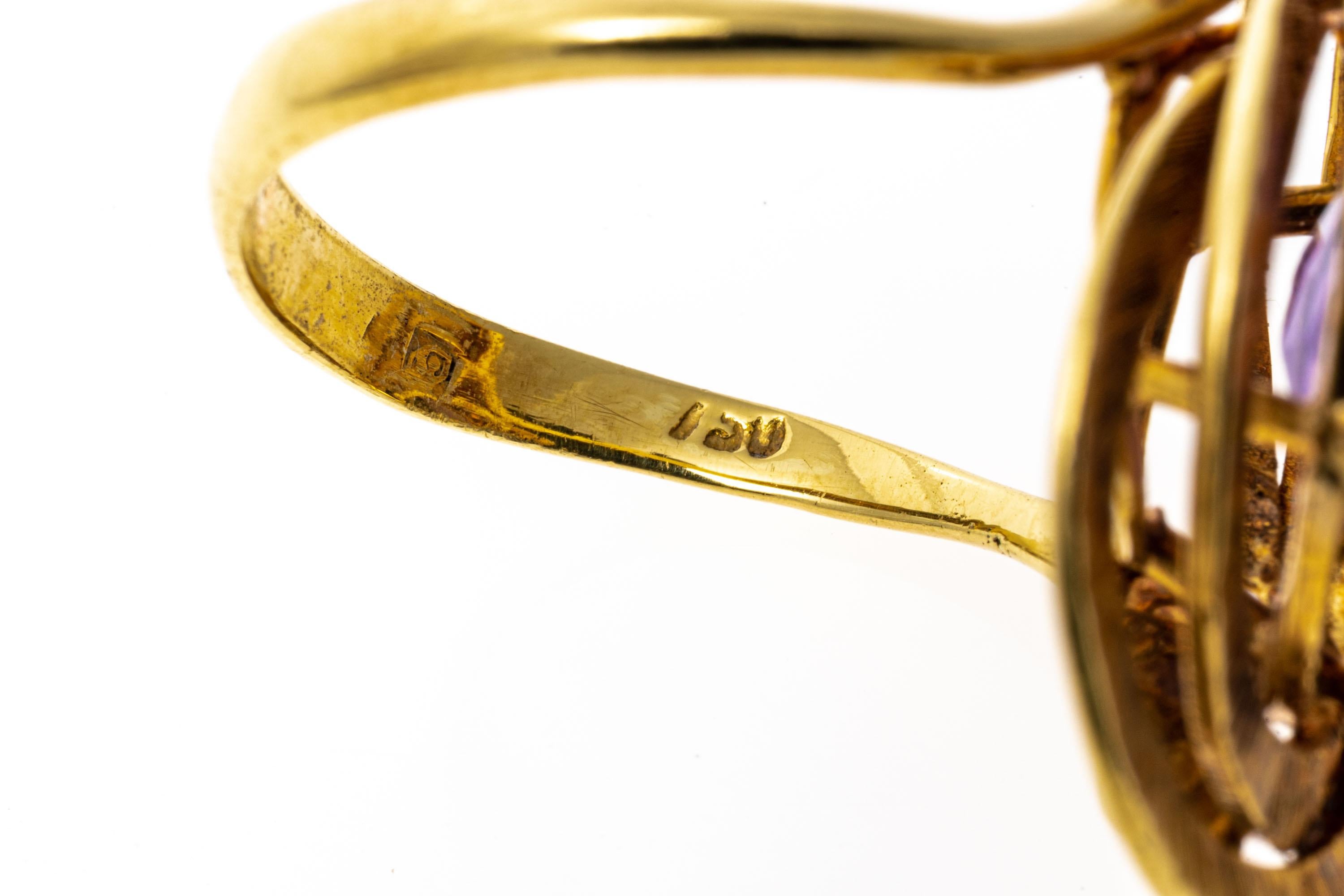 Women's 18k Yellow Gold Vintage Triple Ringed Framed Amethyst Ring For Sale