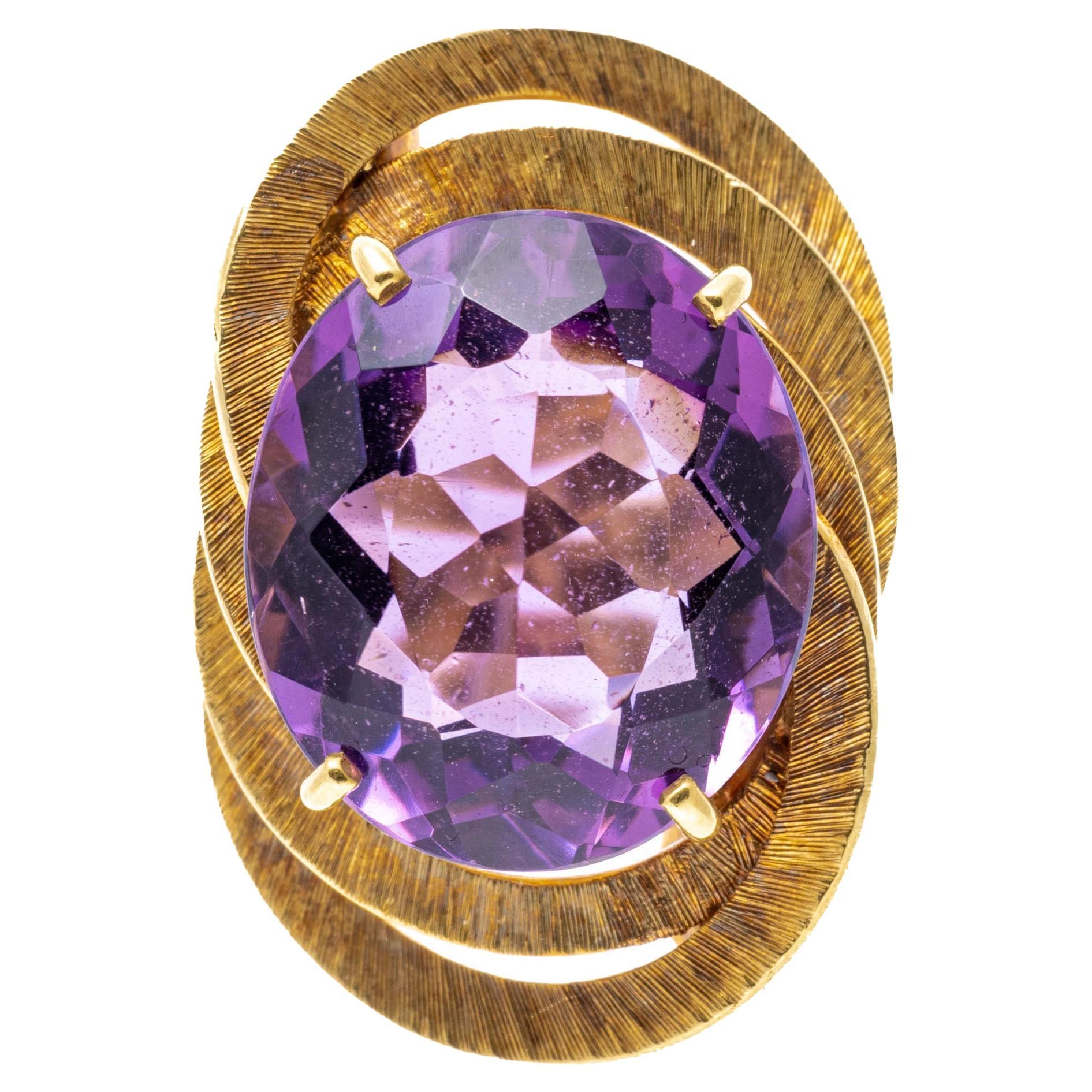 18k Yellow Gold Vintage Triple Ringed Framed Amethyst Ring For Sale