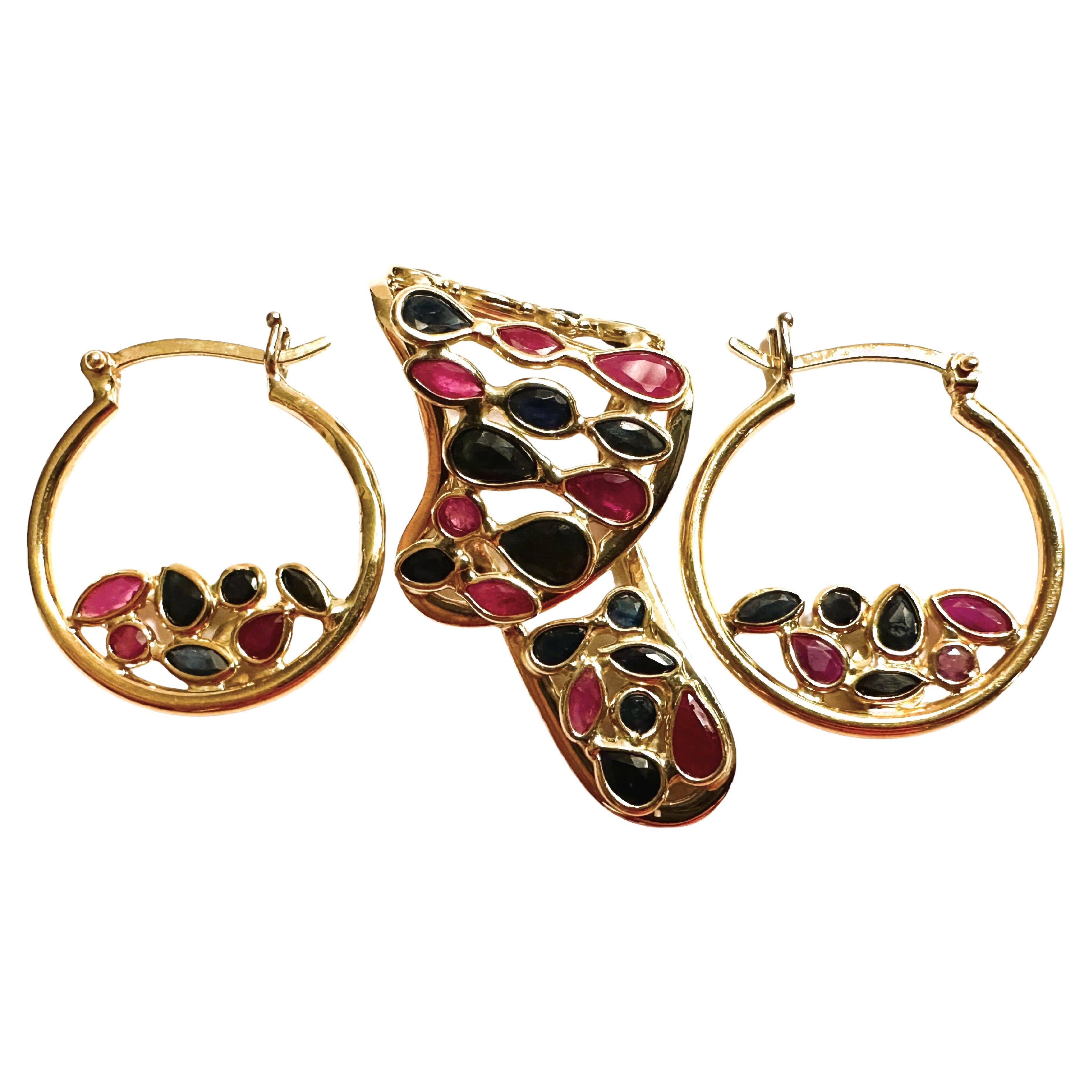 18K Yellow Gold VIOR Italy Sapphire Luxury Jewelry Slide Pendant & Earrings