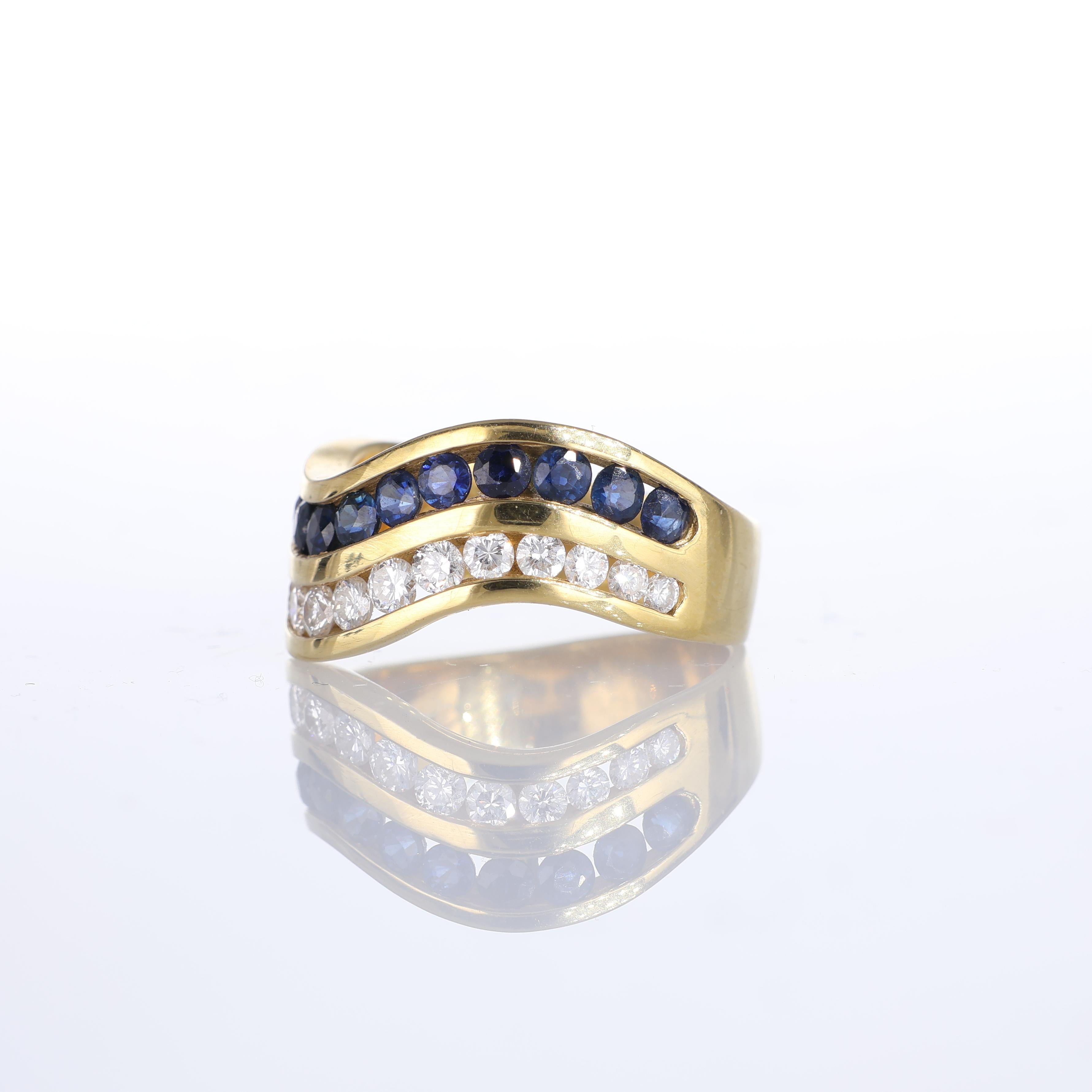 Brilliant Cut 18k Yellow Gold Wave Band Ring with Sapphires and Diamonds For Sale