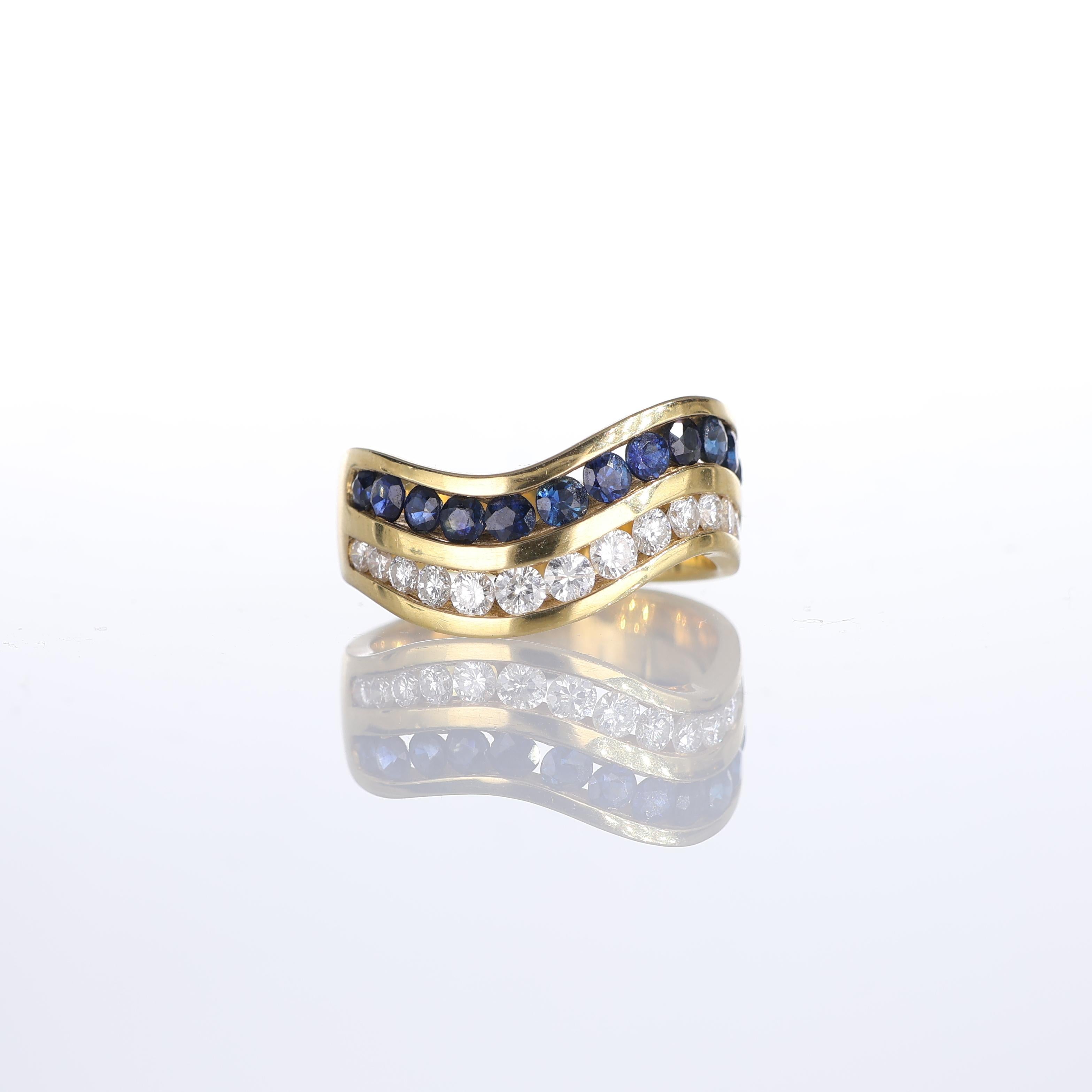 Women's or Men's 18k Yellow Gold Wave Band Ring with Sapphires and Diamonds For Sale