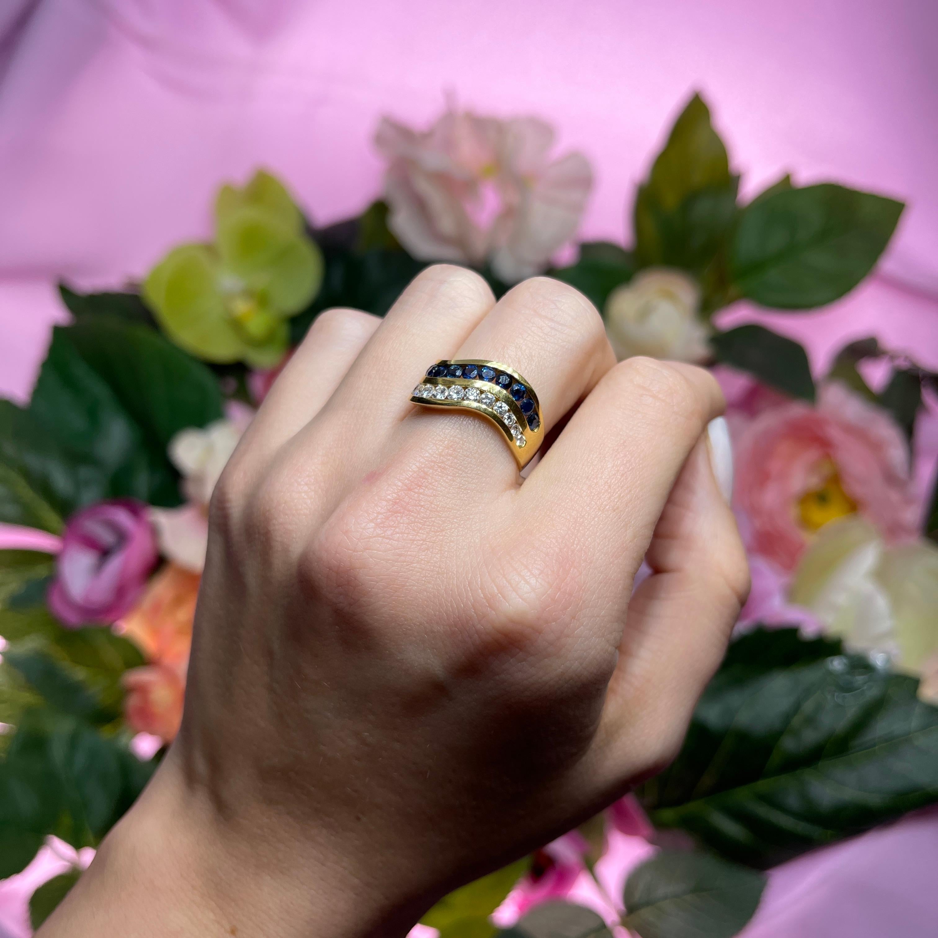 18k Yellow Gold Wave Band Ring with Sapphires and Diamonds For Sale 1
