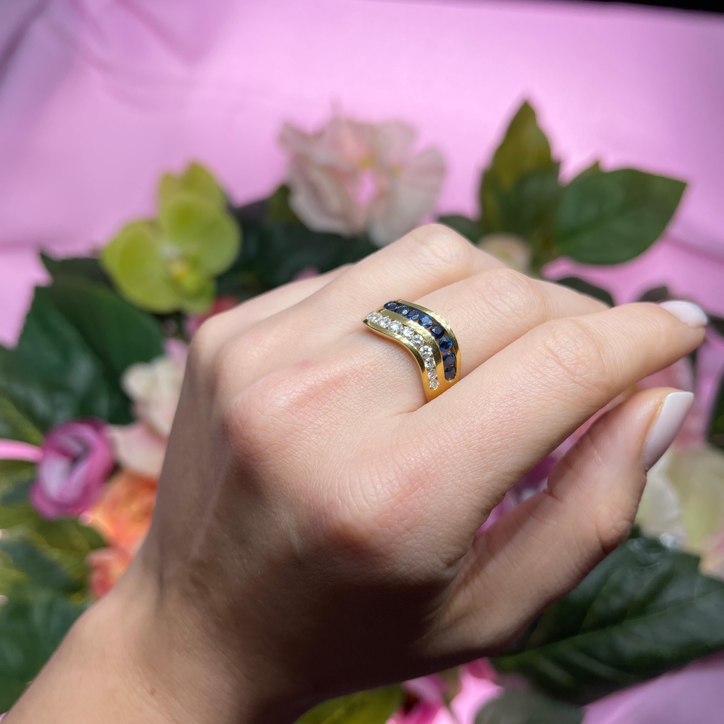18k Yellow Gold Wave Band Ring with Sapphires and Diamonds For Sale 3