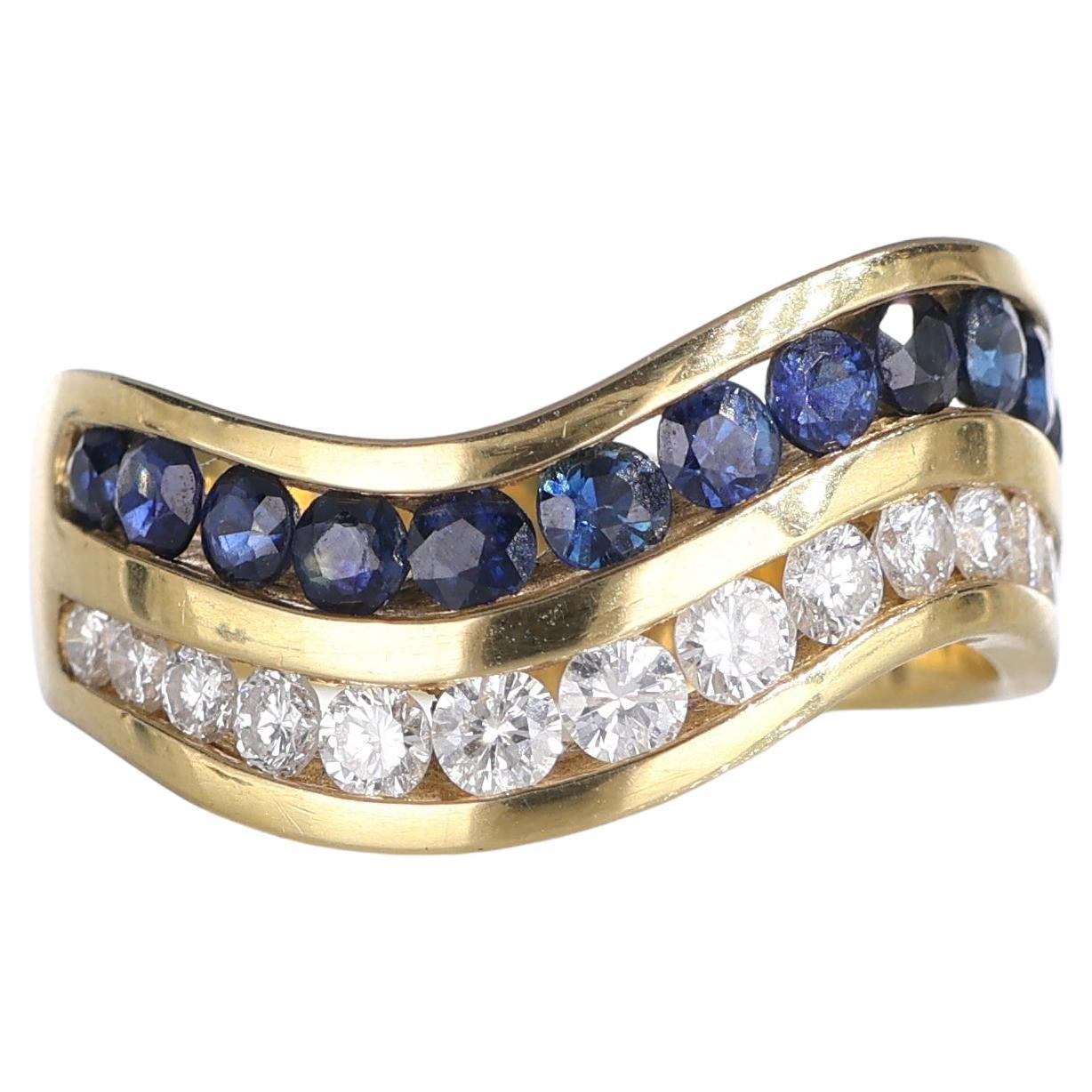 18k Yellow Gold Wave Band Ring with Sapphires and Diamonds