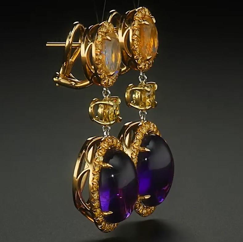 Contemporary Welo Opal, Sphene, Amethyst & Yellow Diamond Dangle Earrings in 18k Yellow Gold For Sale