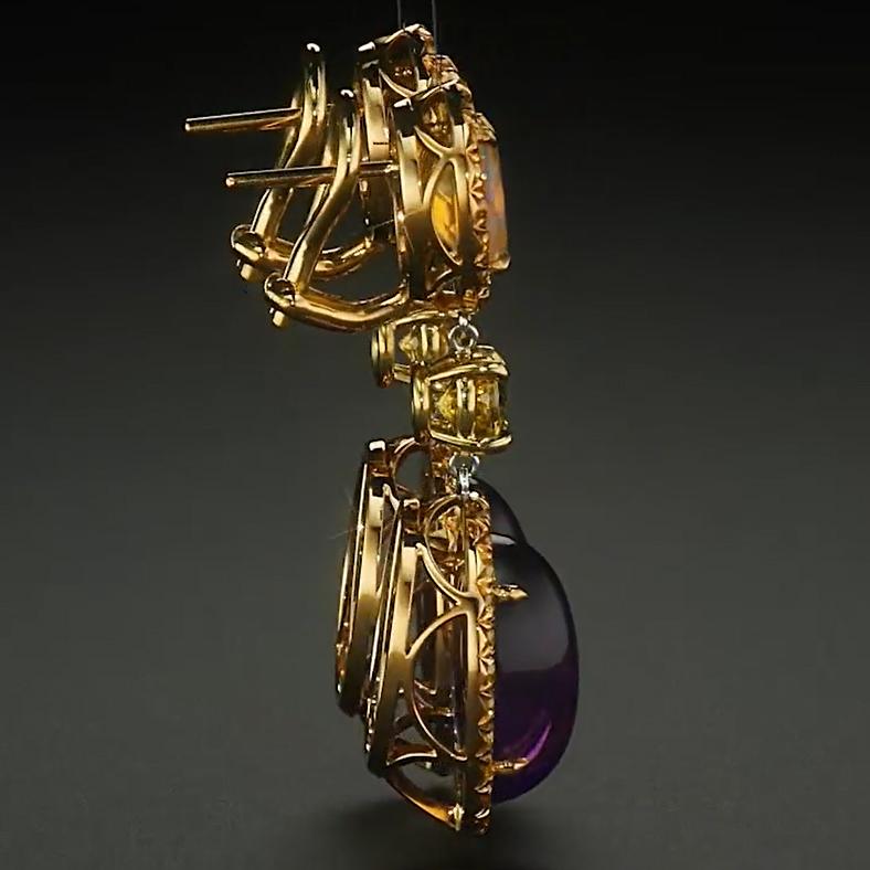 Oval Cut Welo Opal, Sphene, Amethyst & Yellow Diamond Dangle Earrings in 18k Yellow Gold For Sale