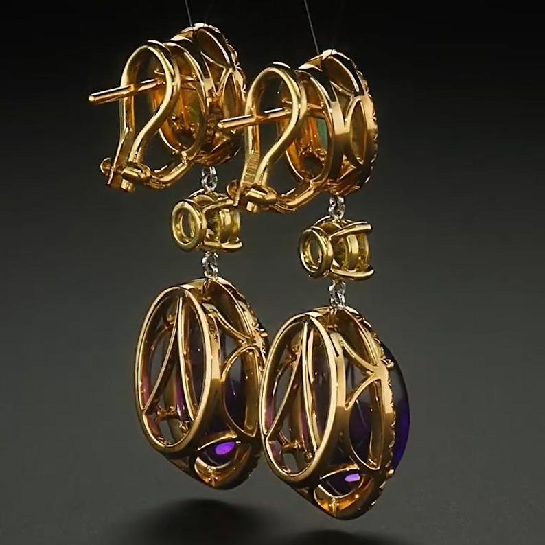 Welo Opal, Sphene, Amethyst & Yellow Diamond Dangle Earrings in 18k Yellow Gold In New Condition For Sale In Princeton, NJ
