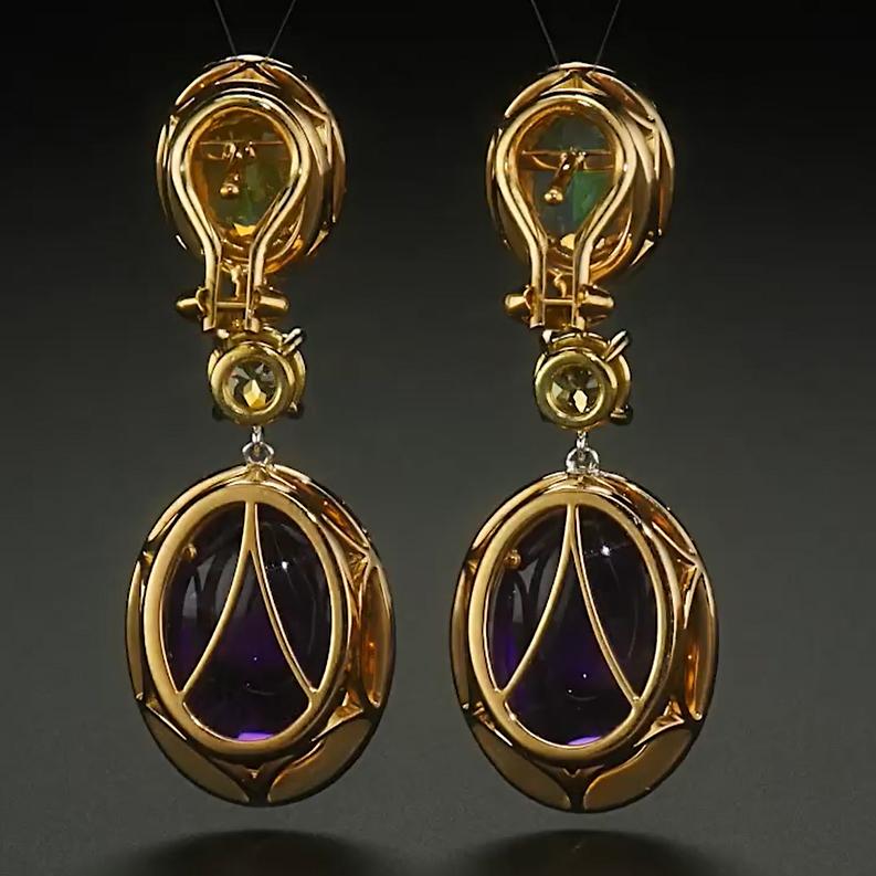 Women's Welo Opal, Sphene, Amethyst & Yellow Diamond Dangle Earrings in 18k Yellow Gold For Sale