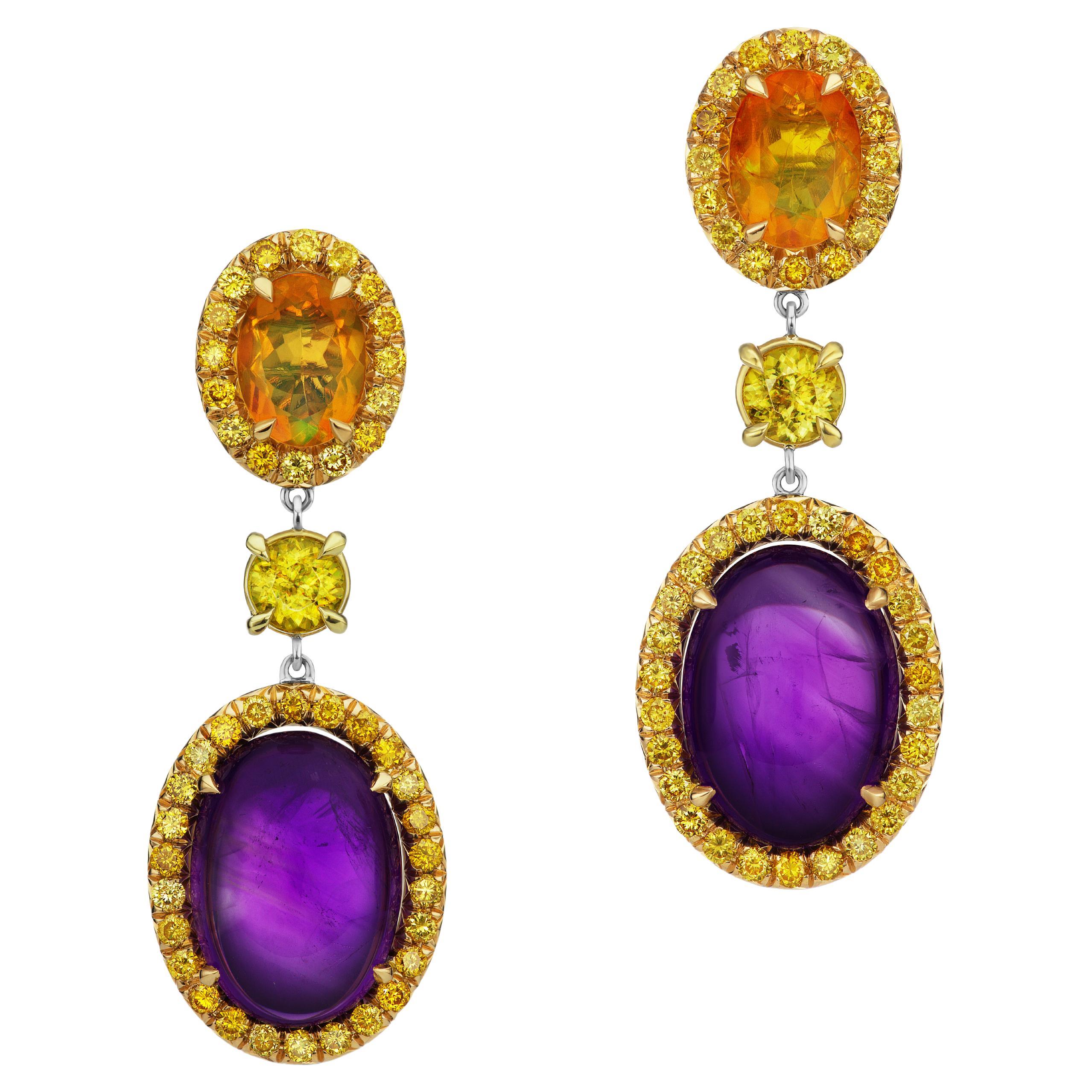 Welo Opal, Sphene, Amethyst & Yellow Diamond Dangle Earrings in 18k Yellow Gold For Sale