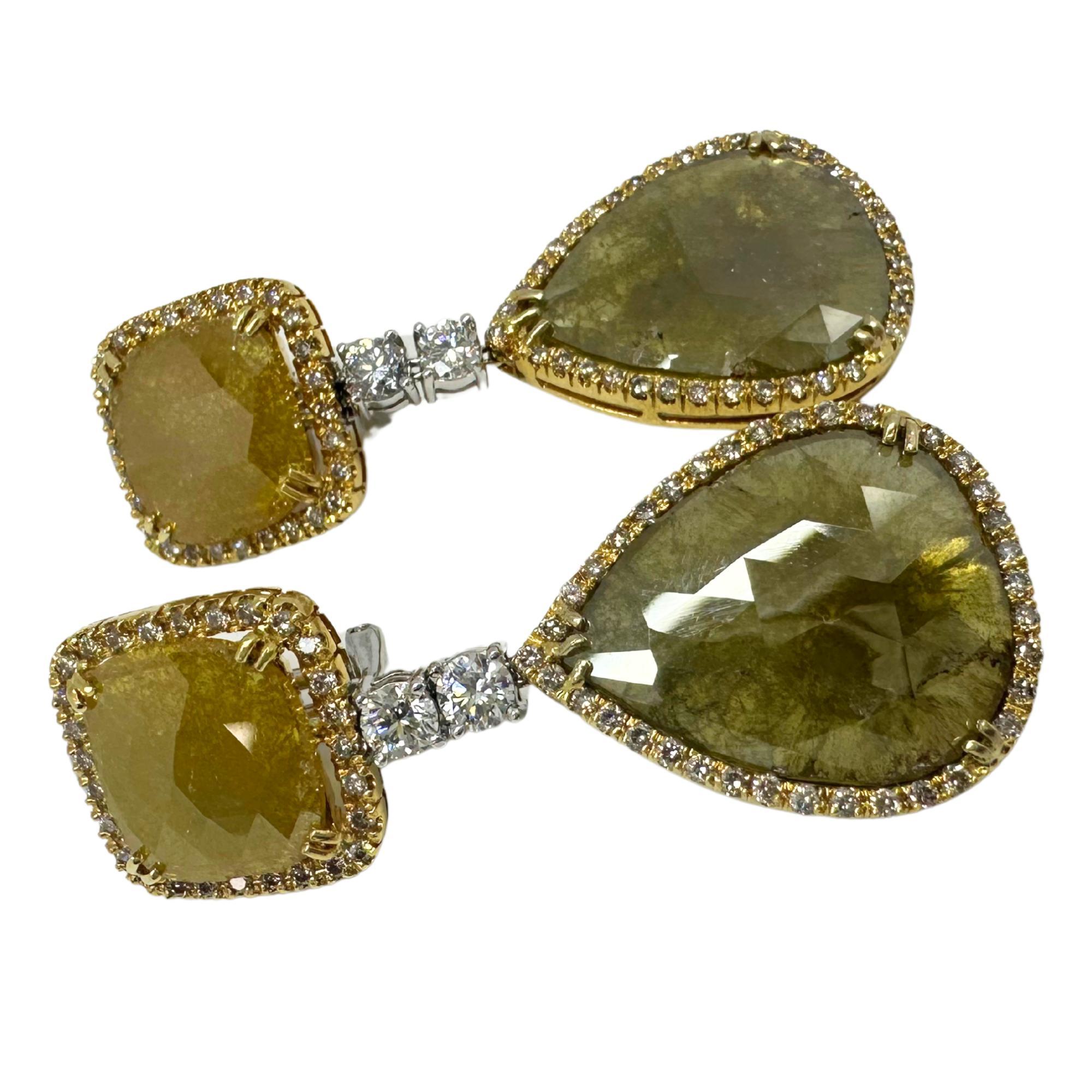 18K Yellow Gold White and Natural Rough Cut Greenish-Yellow Diamond Drop Earrings
Condition: In good condition with some minor surface wear consistent with age. 
Length: 2 inches
Width: 0.75 inches
Metal: 18K Yellow Gold 
Weight: 21.5 grams 
Pear