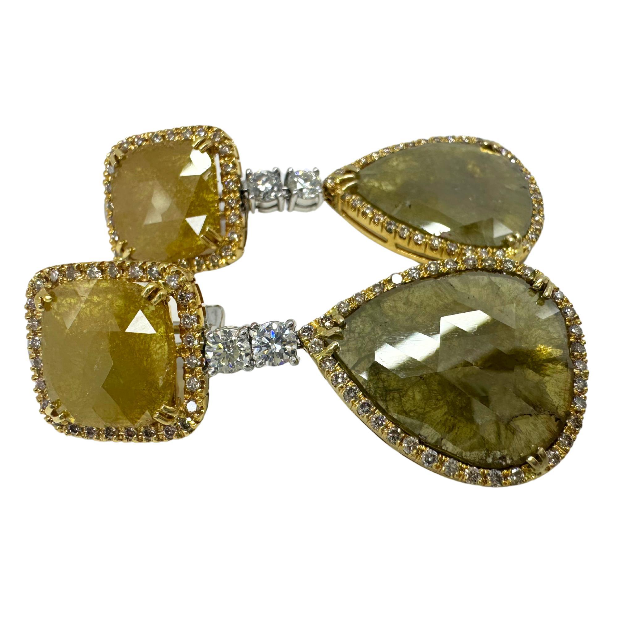 18K Yellow Gold White and Natural Rough Cut Greenish-Yellow Diamond Earrings In Good Condition For Sale In New York, NY