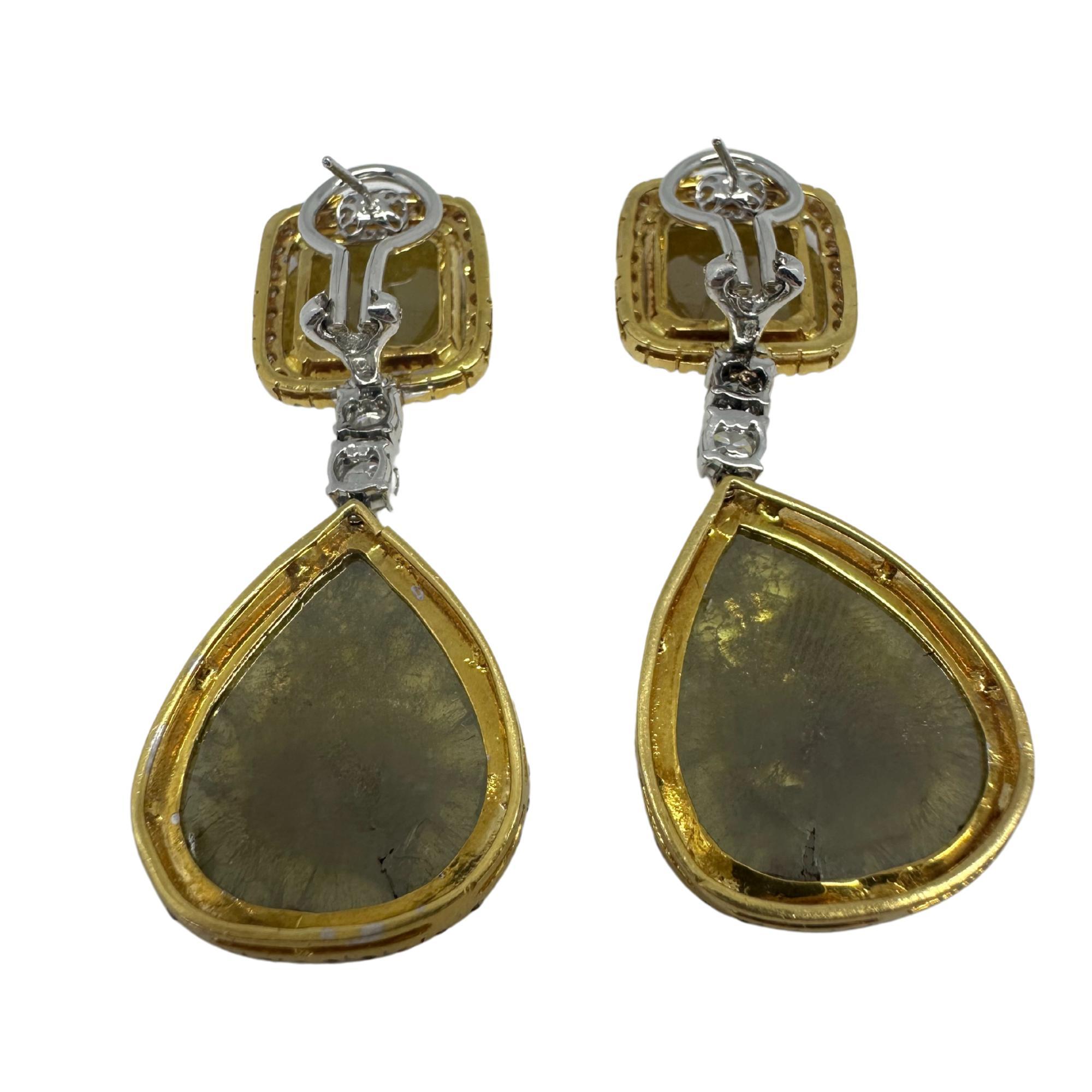 Women's 18K Yellow Gold White and Natural Rough Cut Greenish-Yellow Diamond Earrings For Sale
