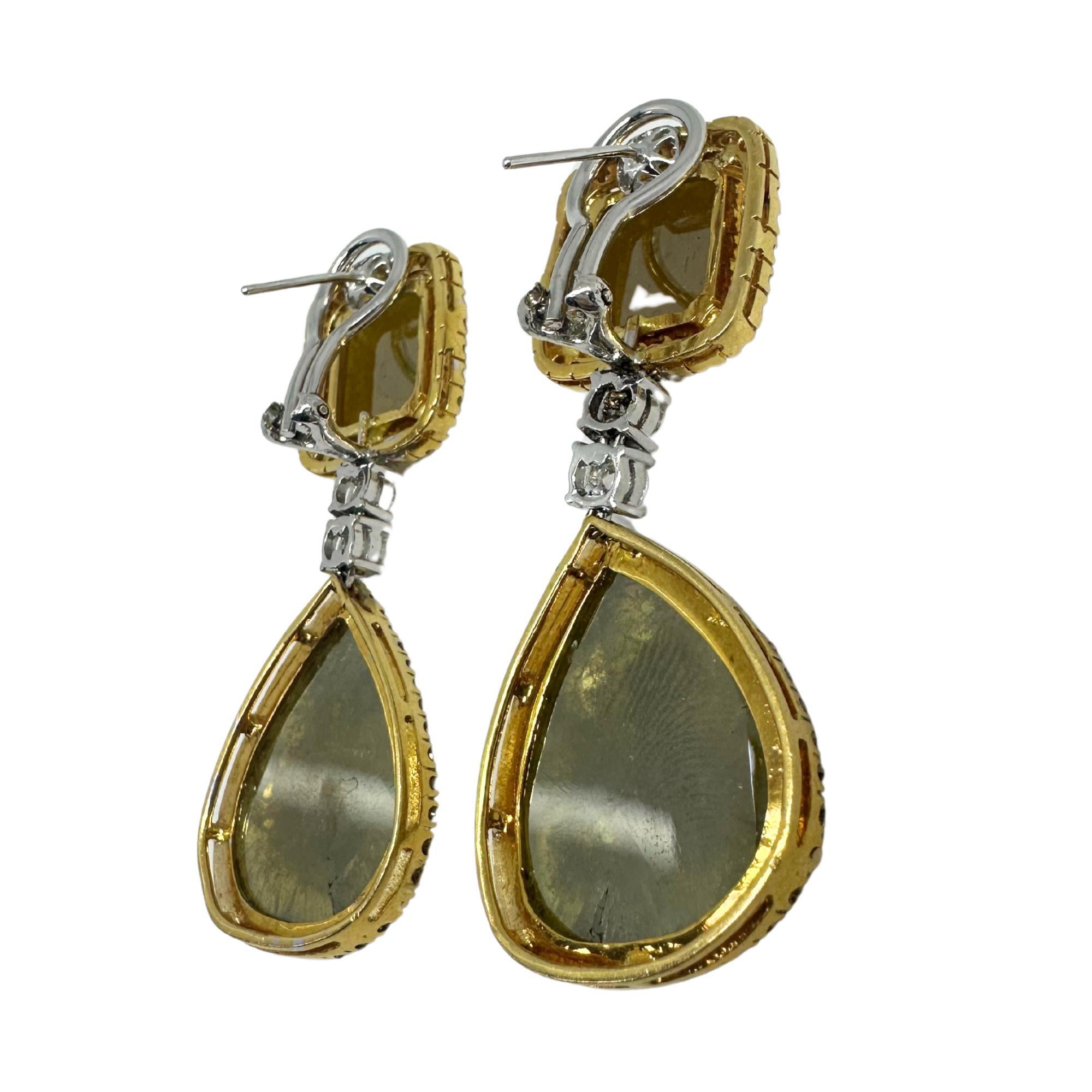 18K Yellow Gold White and Natural Rough Cut Greenish-Yellow Diamond Earrings For Sale 1