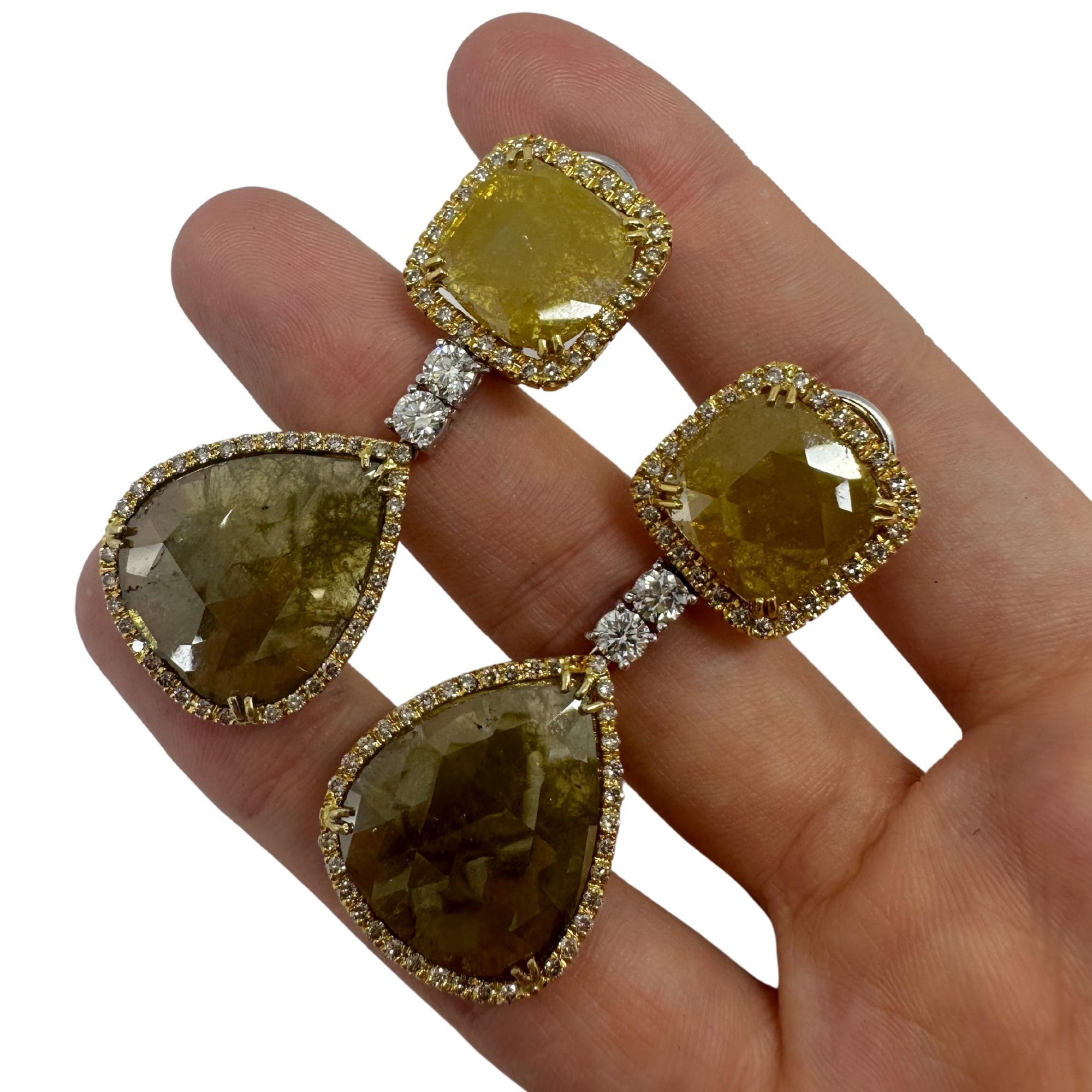 18K Yellow Gold White and Natural Rough Cut Greenish-Yellow Diamond Earrings For Sale 2