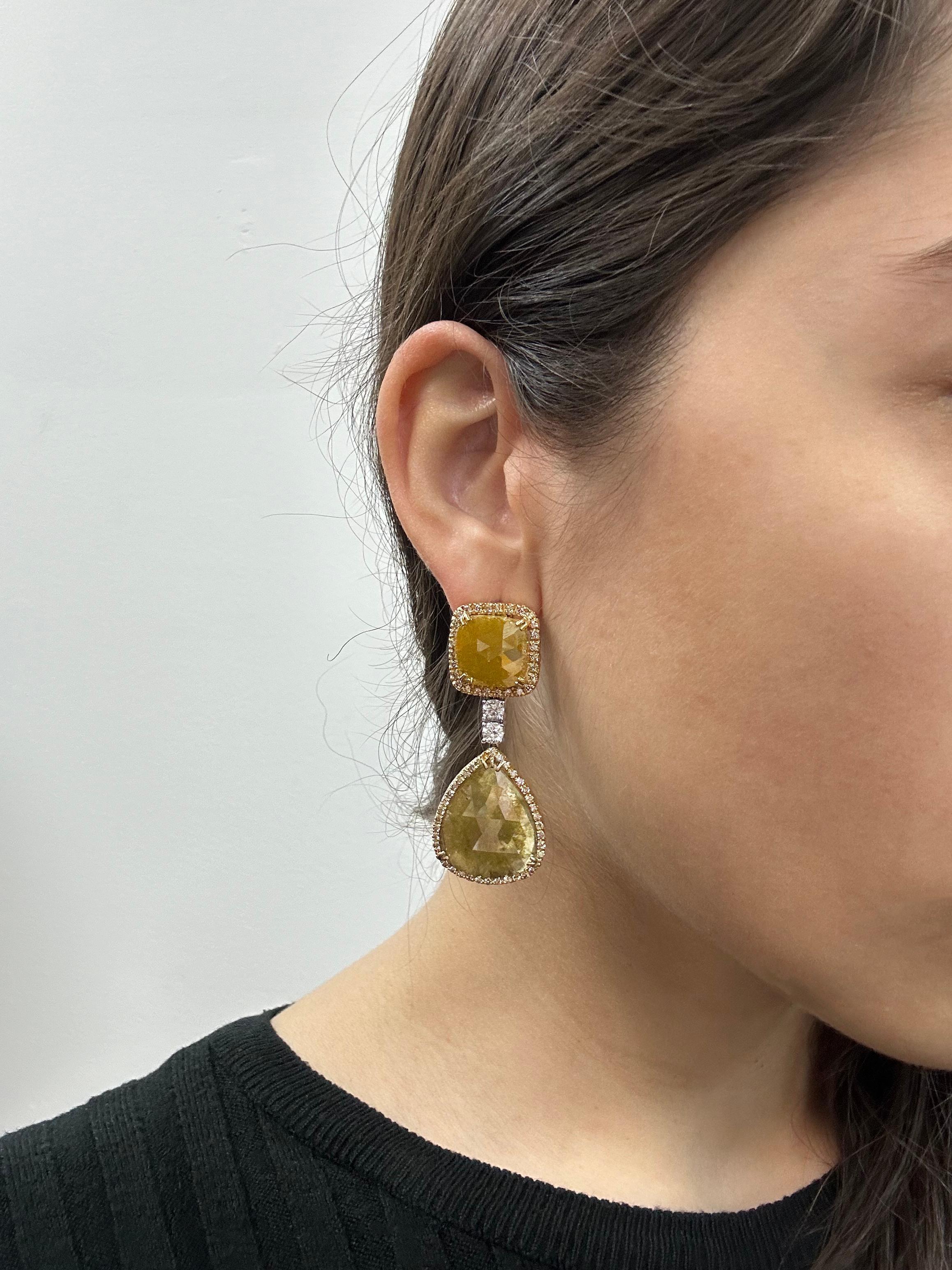 18K Yellow Gold White and Natural Rough Cut Greenish-Yellow Diamond Earrings For Sale 3