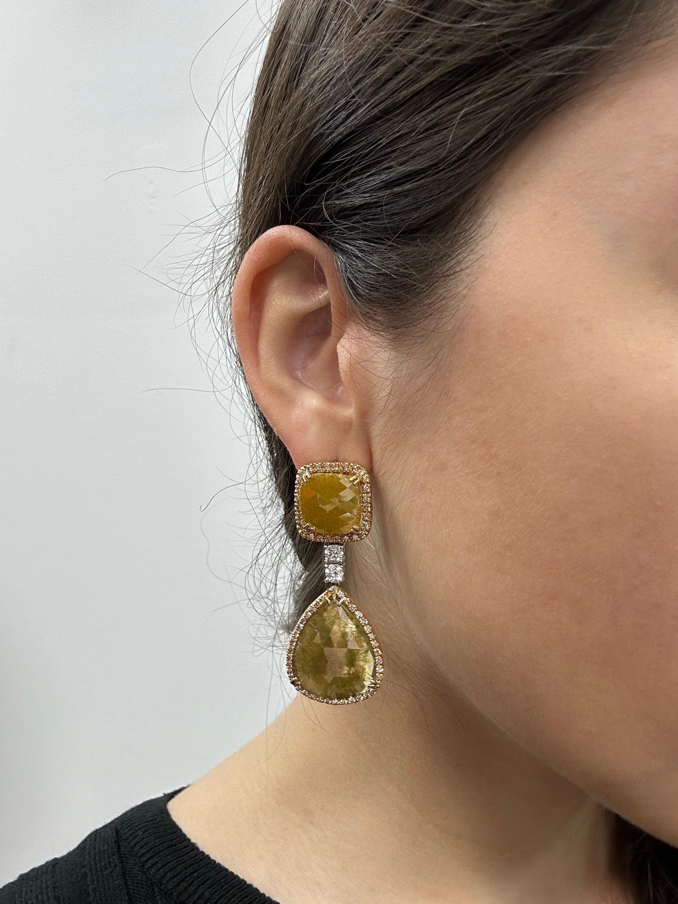 18K Yellow Gold White and Natural Rough Cut Greenish-Yellow Diamond Earrings For Sale 4