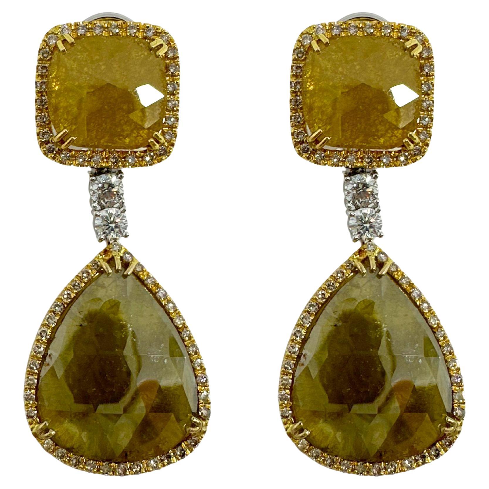 18K Yellow Gold White and Natural Rough Cut Greenish-Yellow Diamond Earrings For Sale