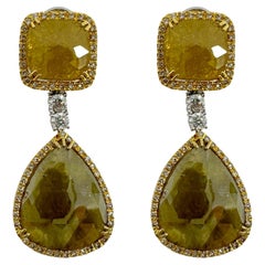 18K Yellow Gold White and Natural Rough Cut Greenish-Yellow Diamond Earrings