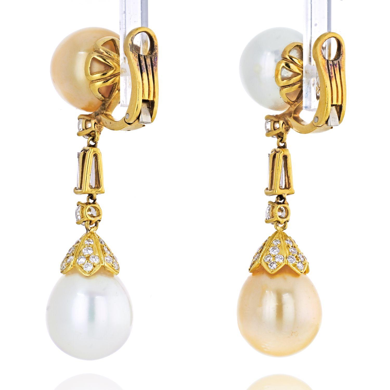 Round Cut 18k Yellow Gold White and Yellow Pearl Diamond Dangling Earrings