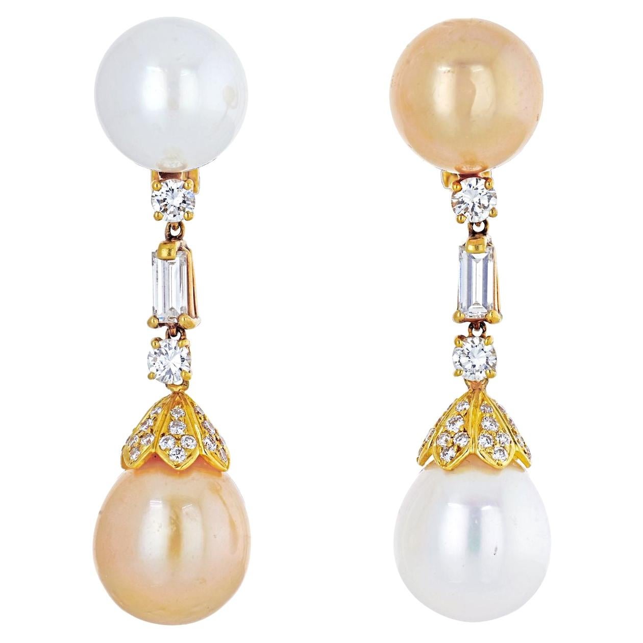 18k Yellow Gold White and Yellow Pearl Diamond Dangling Earrings