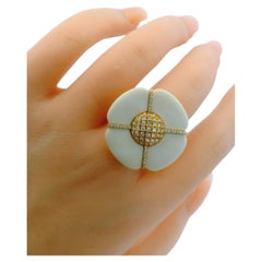 18k Yellow Gold & White Ceramic flower Pave "X" Ring
