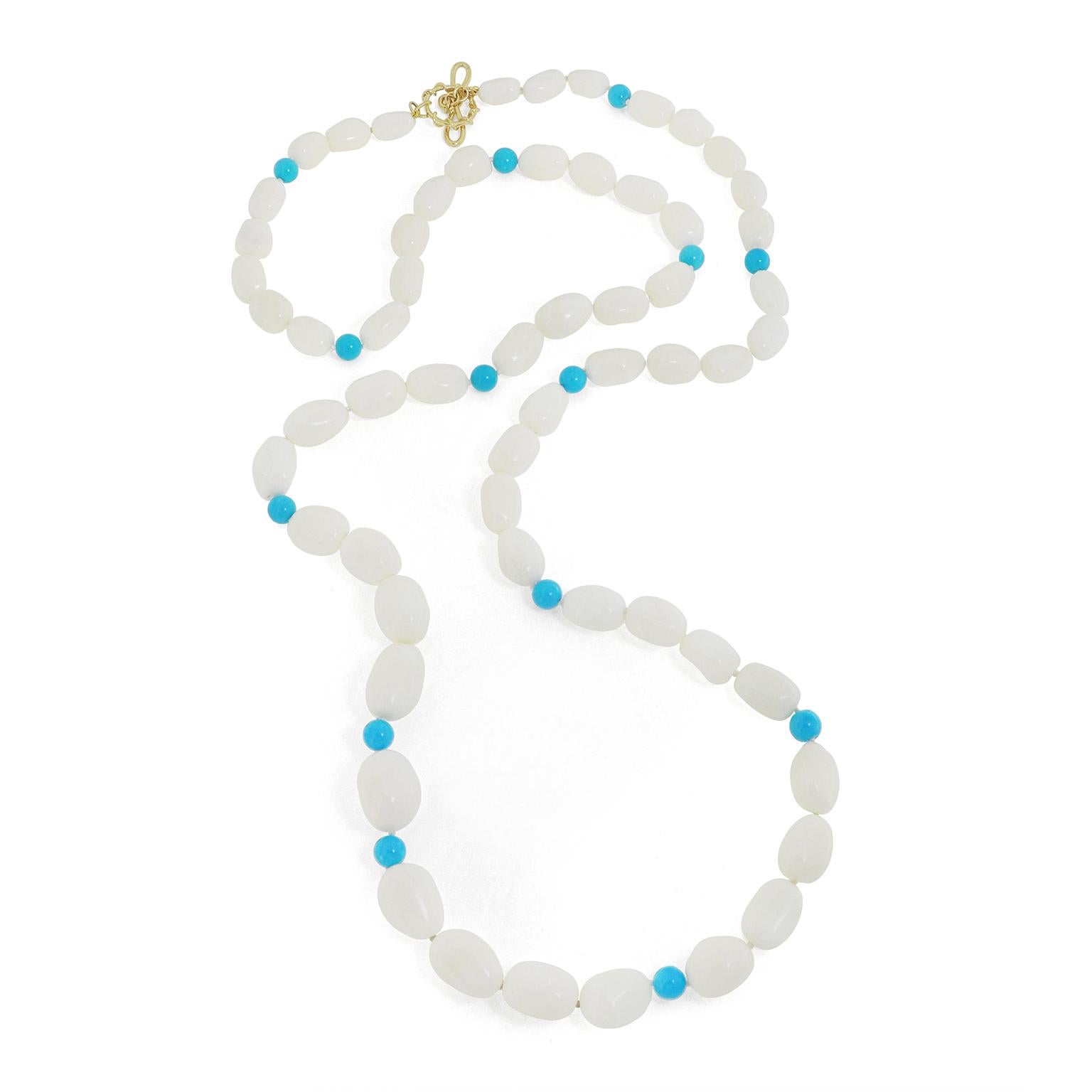 Women's or Men's 18K Yellow Gold White Coral and Turquoise Bead Necklace For Sale