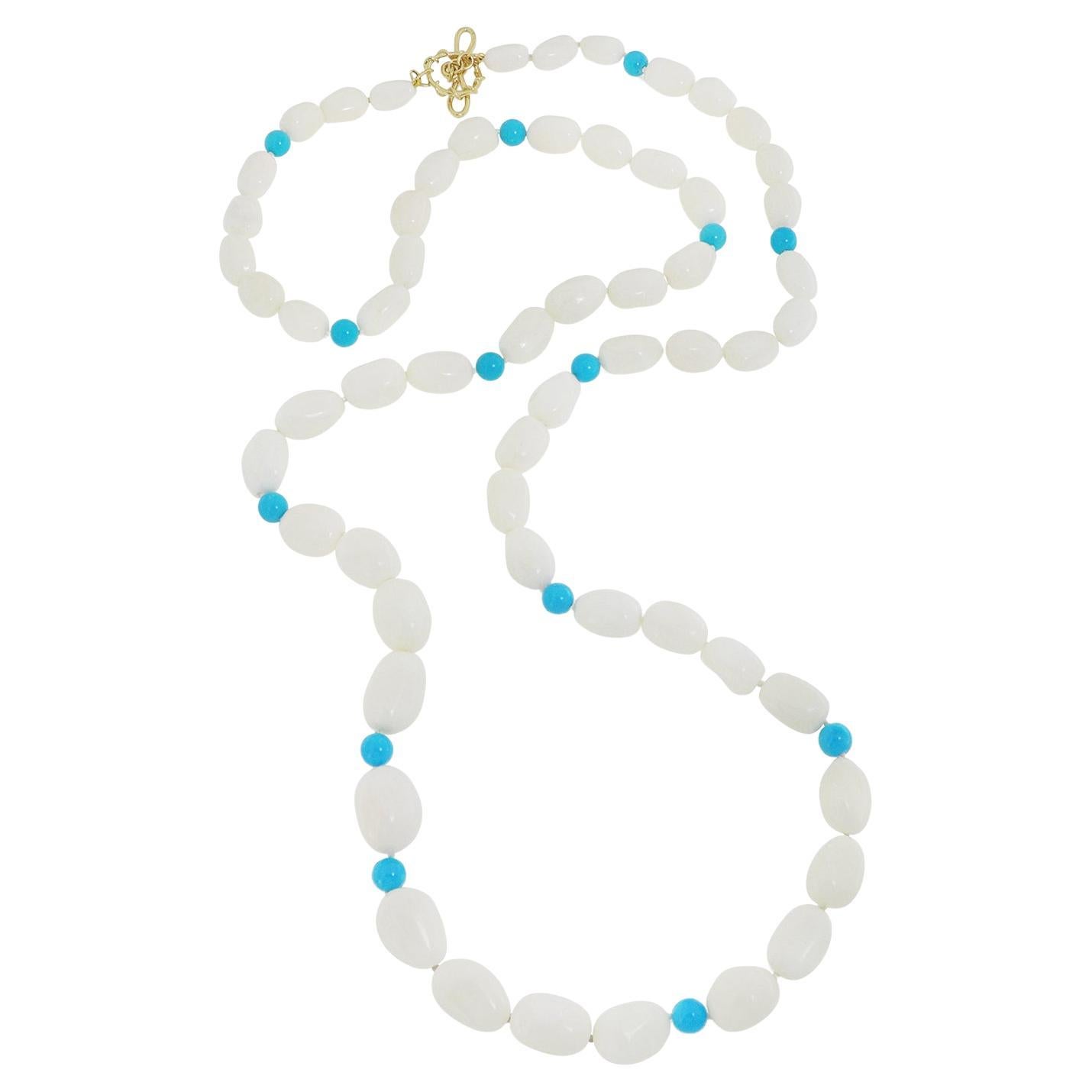 18K Yellow Gold White Coral and Turquoise Bead Necklace