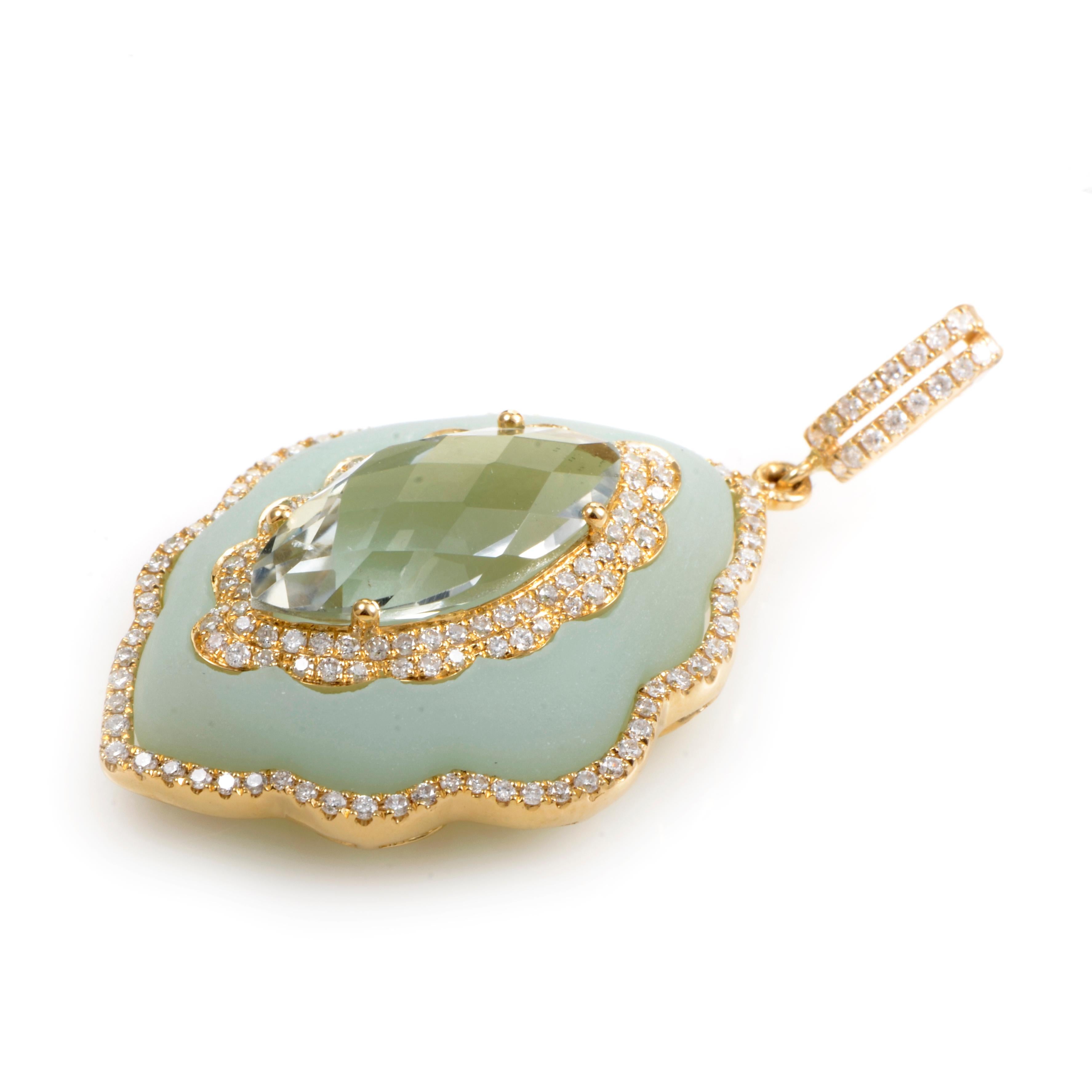 A sea of green gemstones takes center stage in this ravishing design, The pendant is made of 18K yellow gold and is set with ~30.79ct of green quartz. Lastly, a faceted green amethyst is set in the center of the quartz. Both stones are accented with
