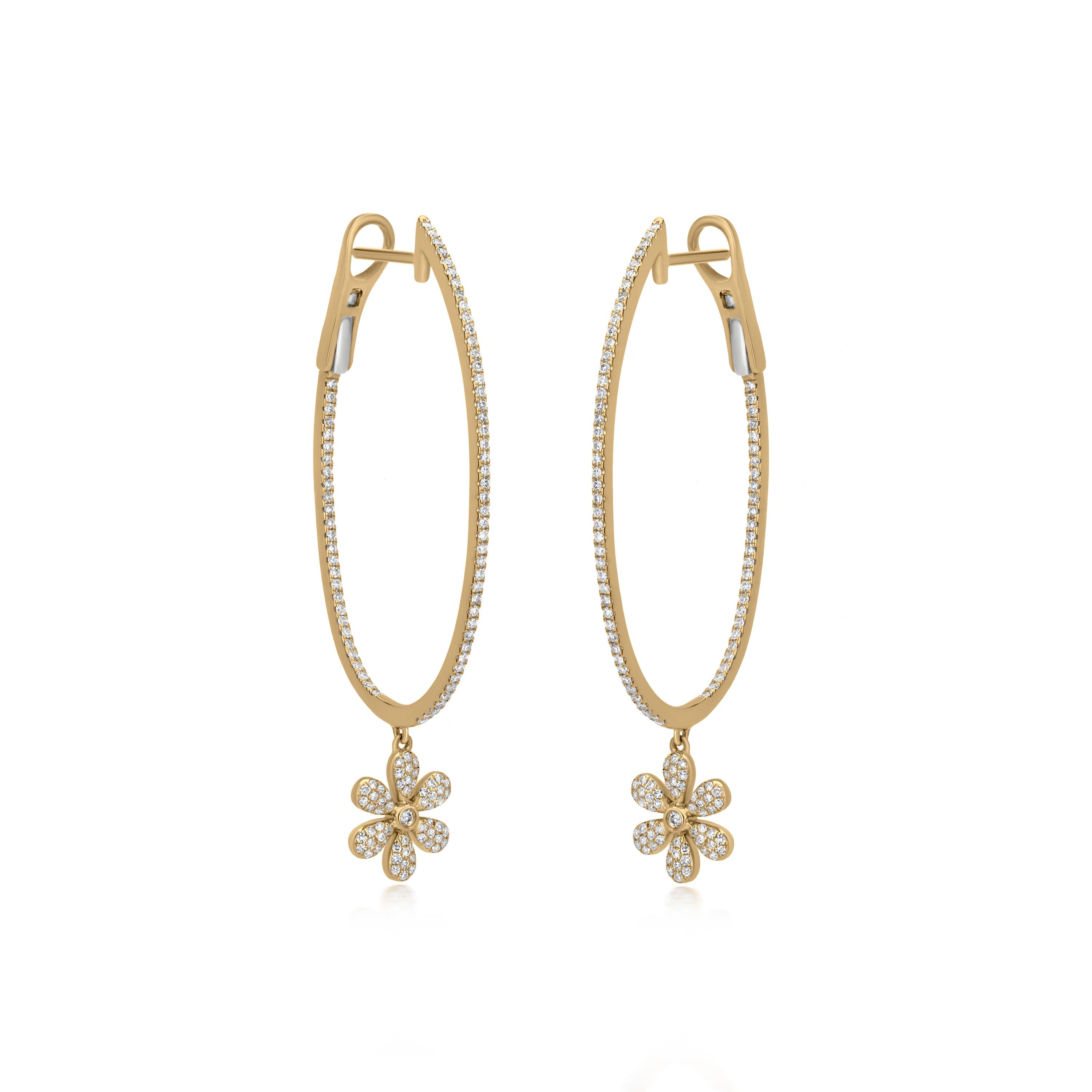 Contemporary 18k Yellow Gold White Diamond Dangle Flower Hoop Earrings
