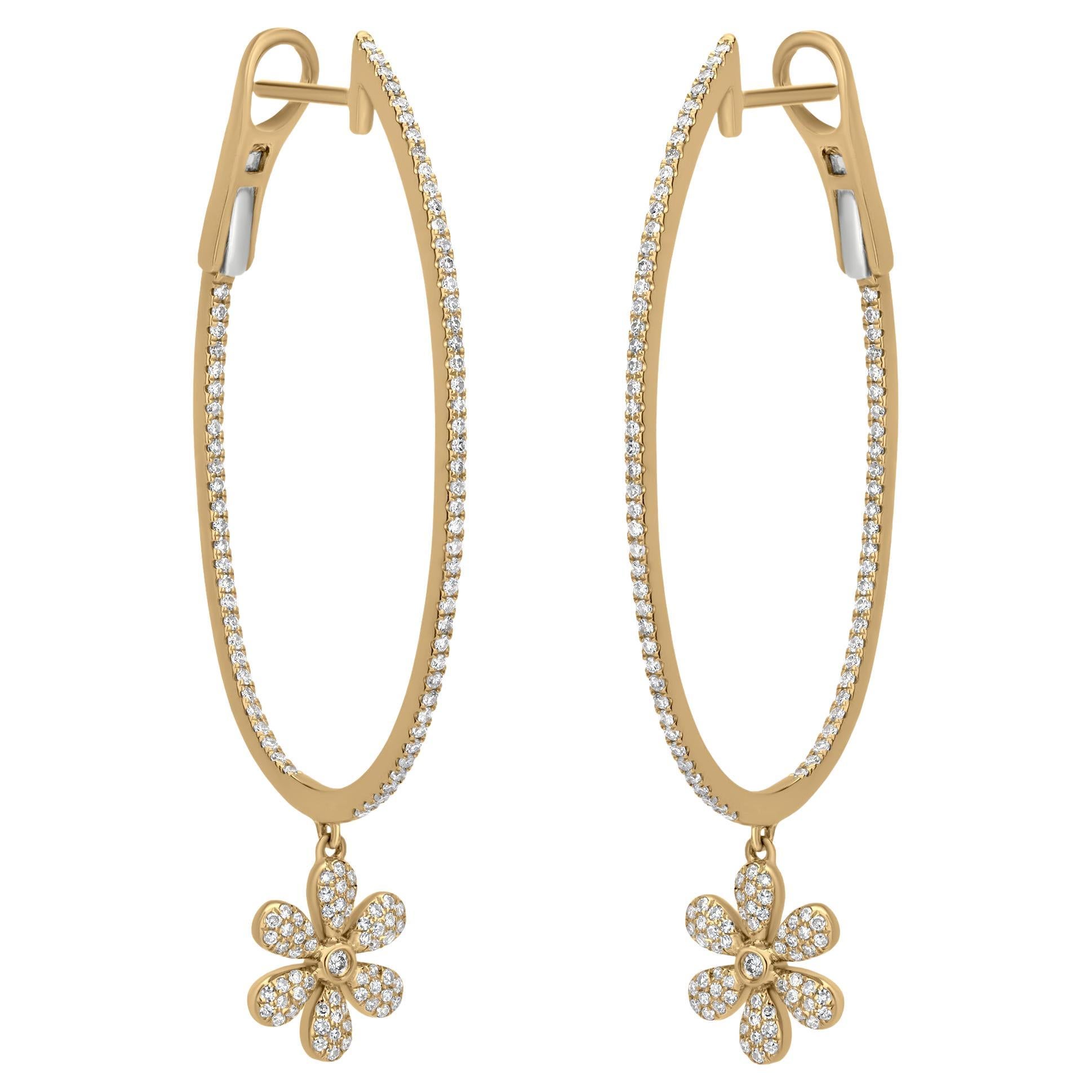 18k Yellow Gold White Diamond Dangle Flower Hoop Earrings