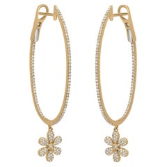 18k Yellow Gold White Diamond Dangle Flower Hoop Earrings