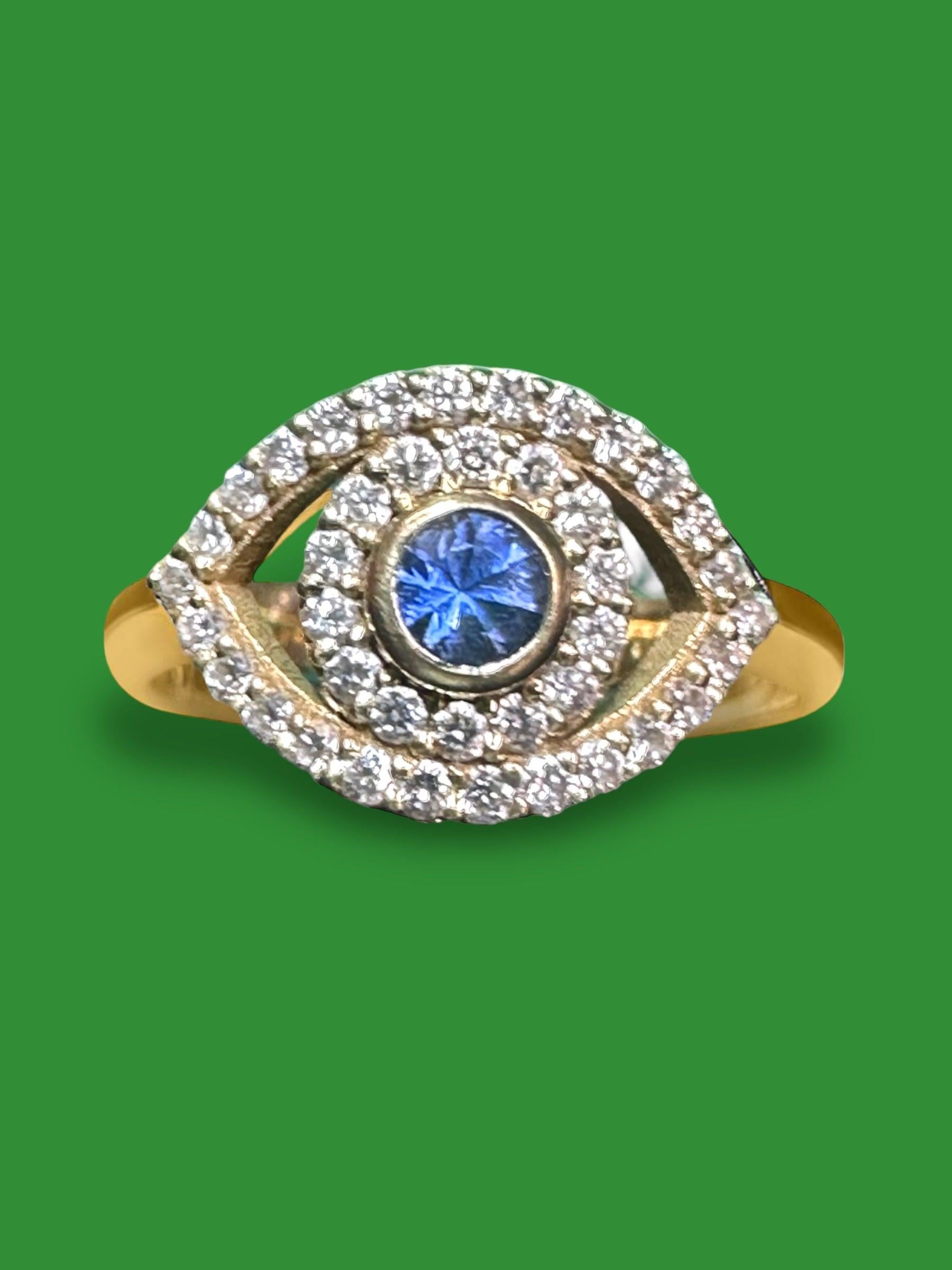 For Sale:  White Diamonds Blue Sapphire Evil Eye Ring in gold and in stock 2