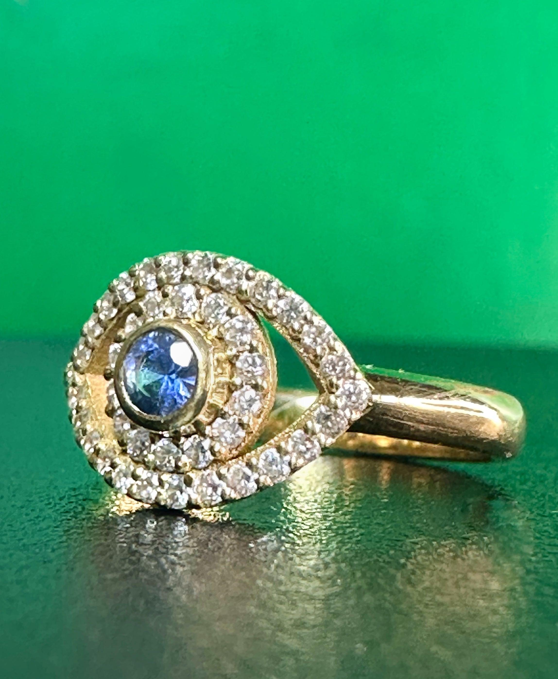 For Sale:  White Diamonds Blue Sapphire Evil Eye Ring in gold and in stock 4