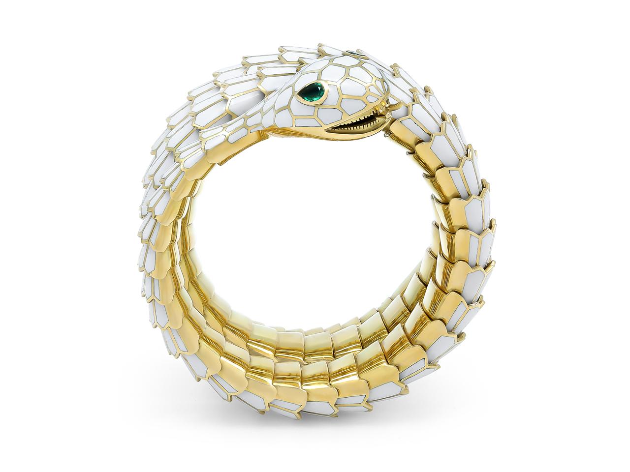 Emerald Cut 18K Yellow Gold & White Enamel Flexible Wrap Snake Bracelet with Emerald Eyes For Sale