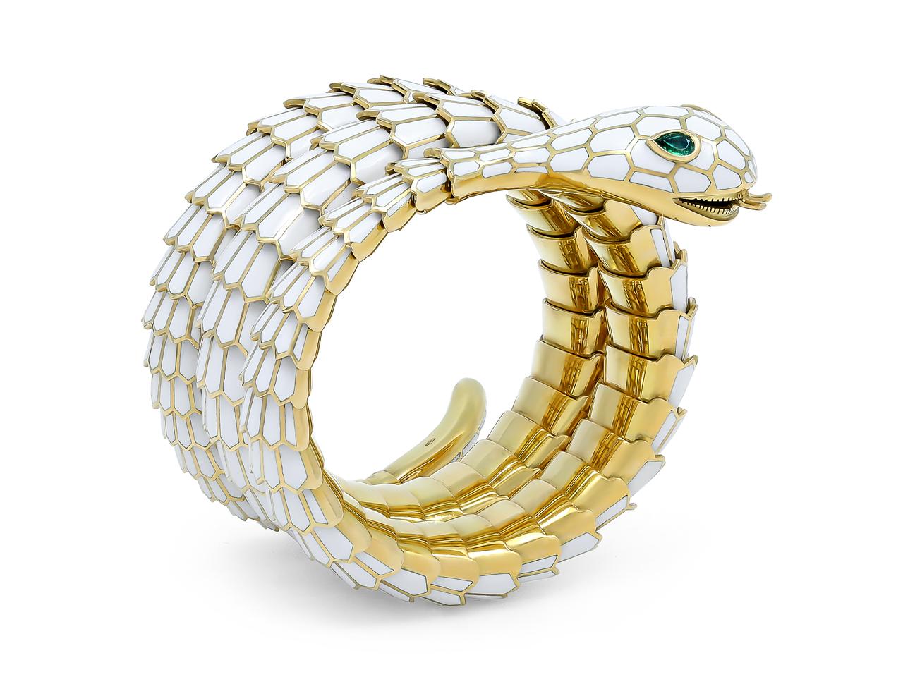 18K Yellow Gold & White Enamel Flexible Wrap Snake Bracelet with Emerald Eyes In Good Condition For Sale In Beverly Hills, CA