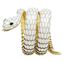 18K Yellow Gold & White Enamel Flexible Wrap Snake Bracelet with Emerald Eyes