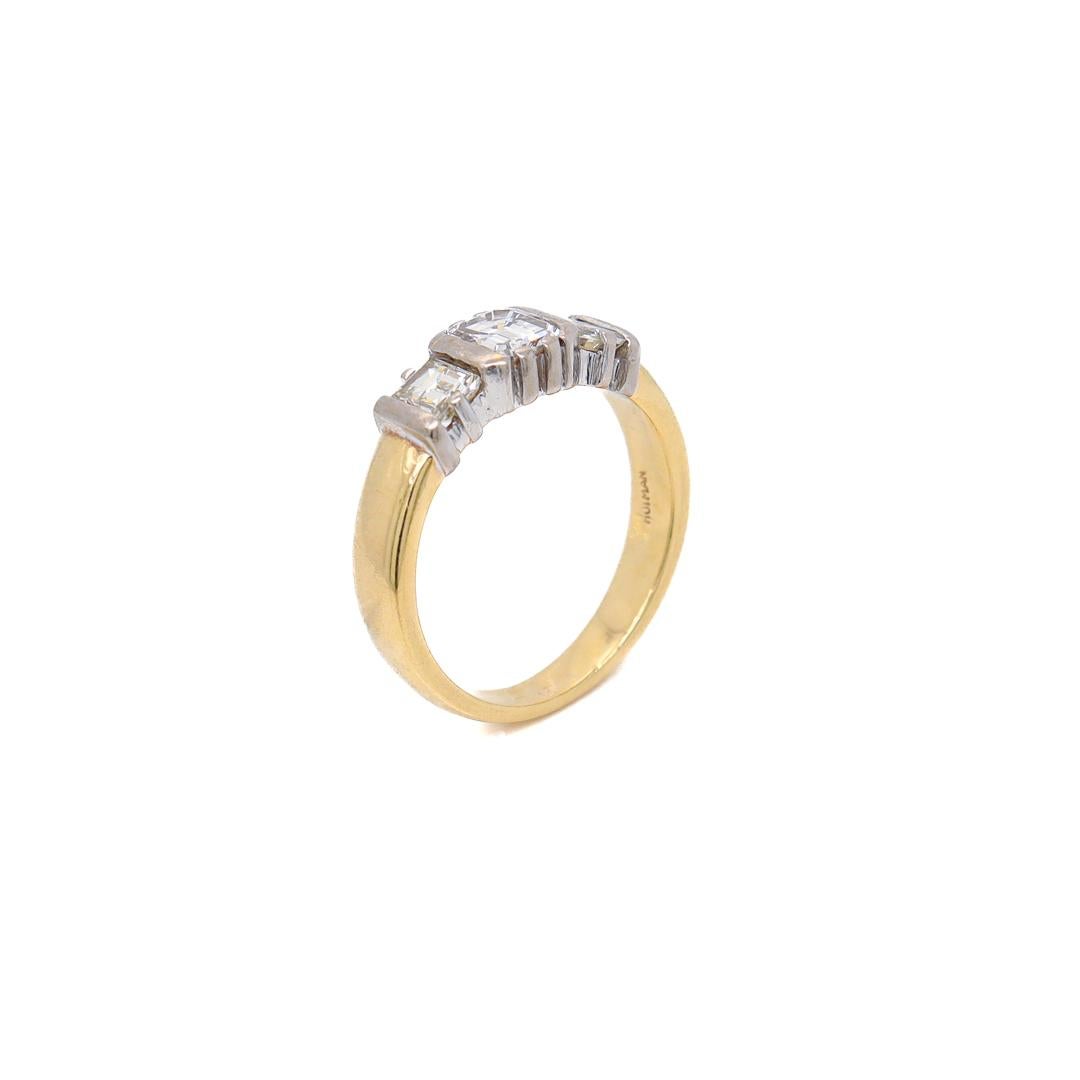 Square Cut 18K Yellow Gold, White Gold & Diamond Three-Stone Ring For Sale